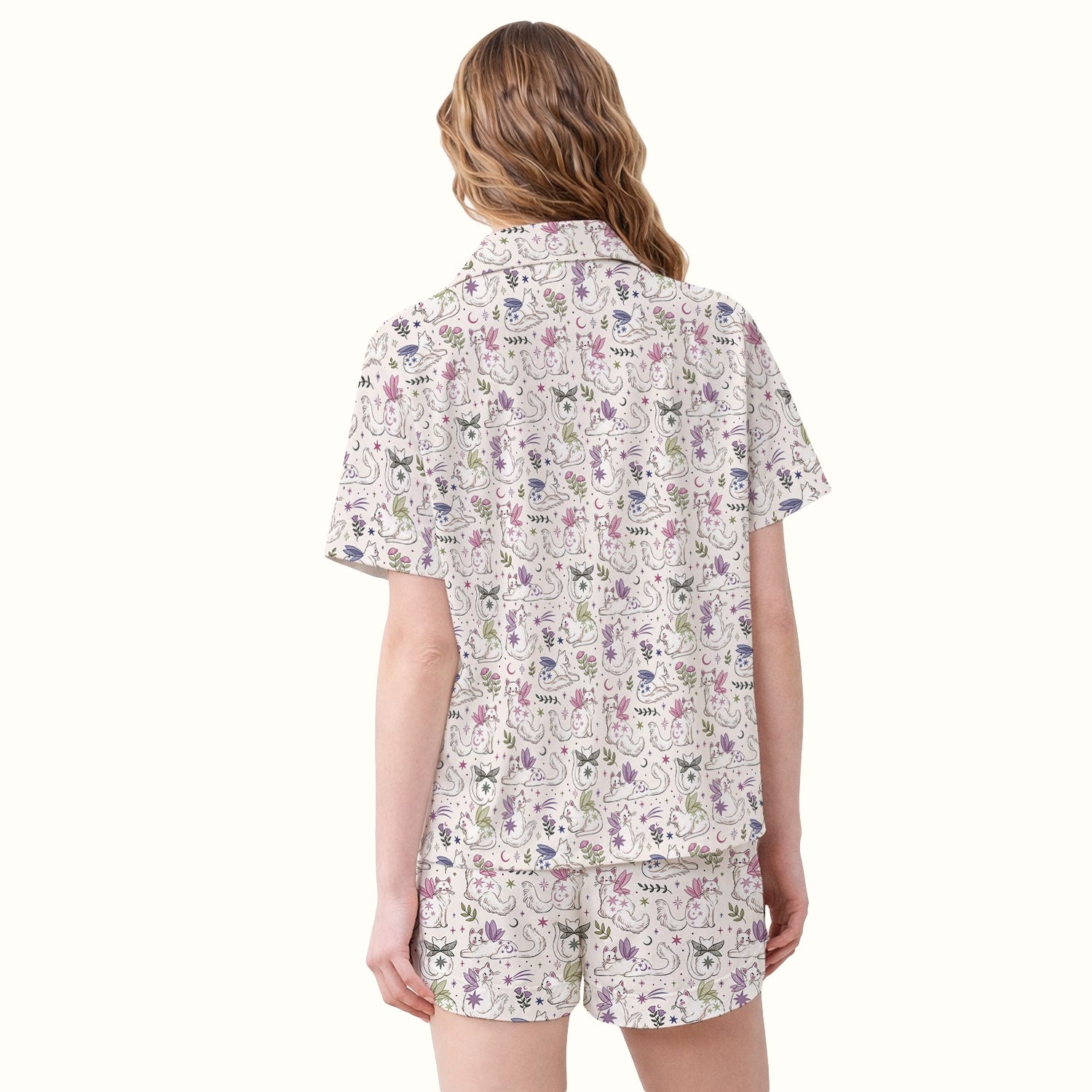 Cute Fairy Cat Moon Star Floral Pattern Pajama Set, Soft Breathable Fabric Comfortable Sleepwear
