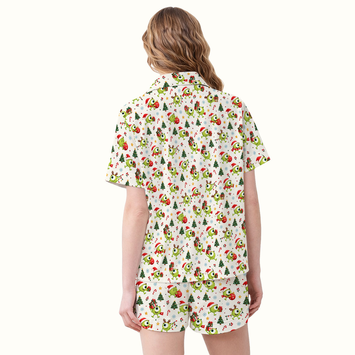 Christmas One Eyed Green Monsters Pajama Set, Soft Breathable Fabric Comfortable Sleepwear