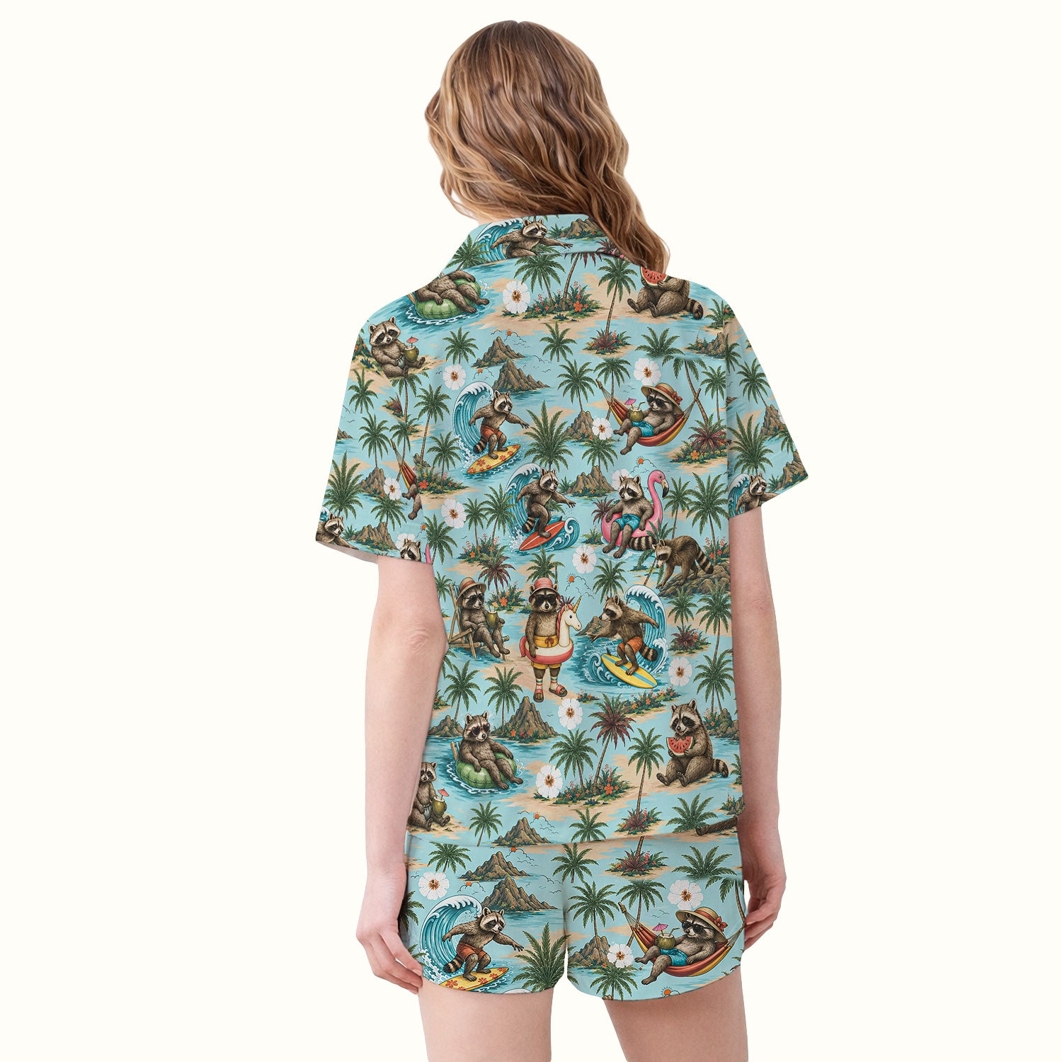 Tropical Raccoon with Surfing Island Beach Print Pajama Set, Soft Breathable Fabric Comfortable Sleepwear