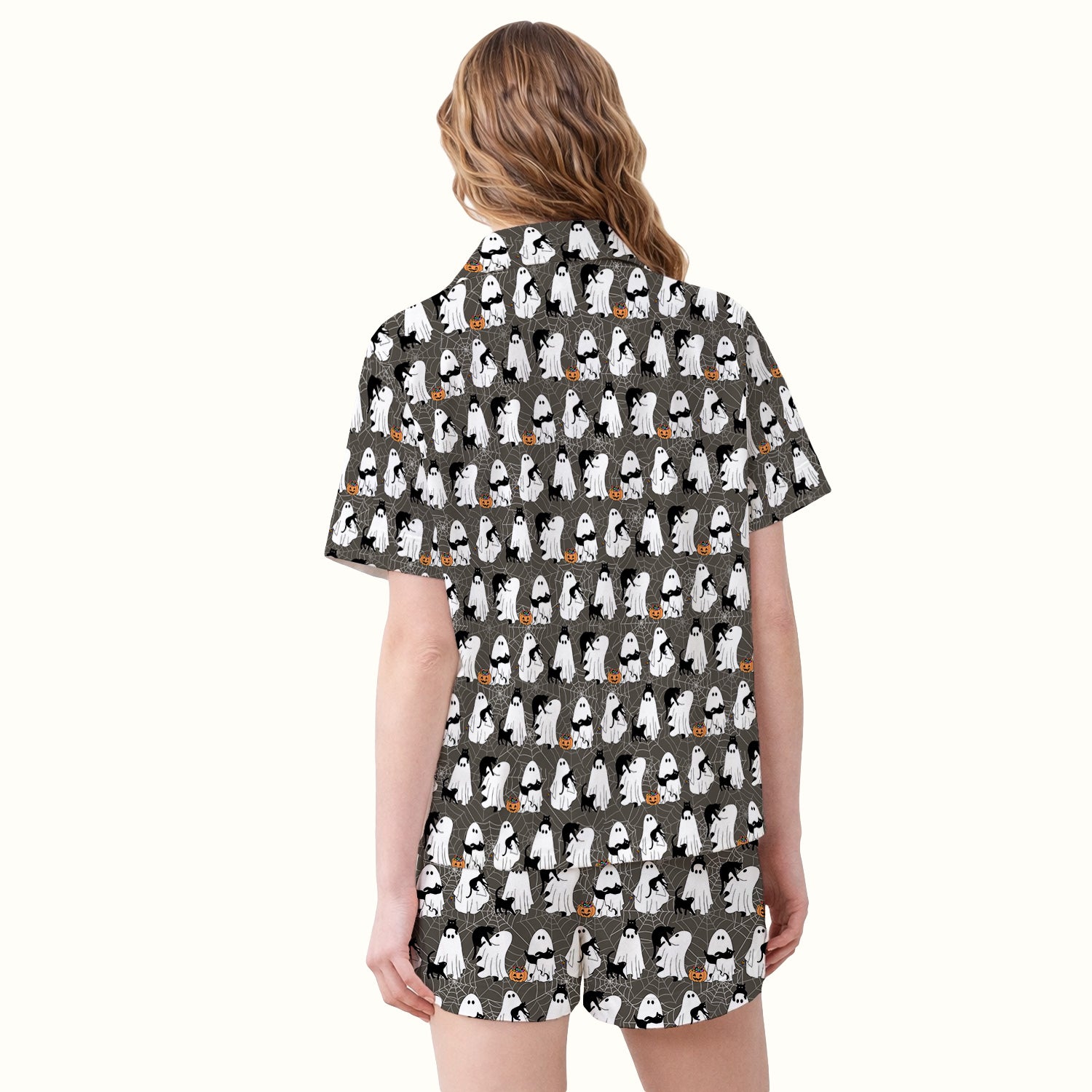 Black Cat and Ghost Print Pajama Set, Soft Breathable Fabric Comfortable Sleepwear