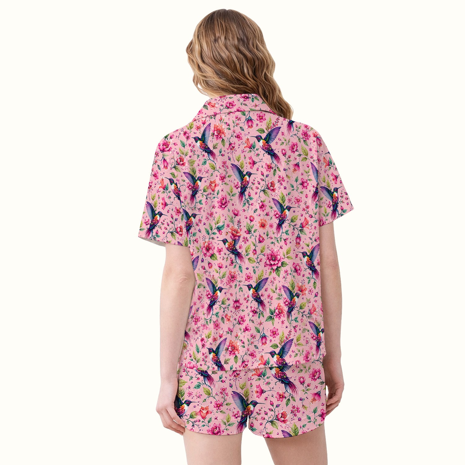 Pink Hummingbird Floral Garden Pattern Pajama Set, Soft Breathable Fabric Comfortable Sleepwear