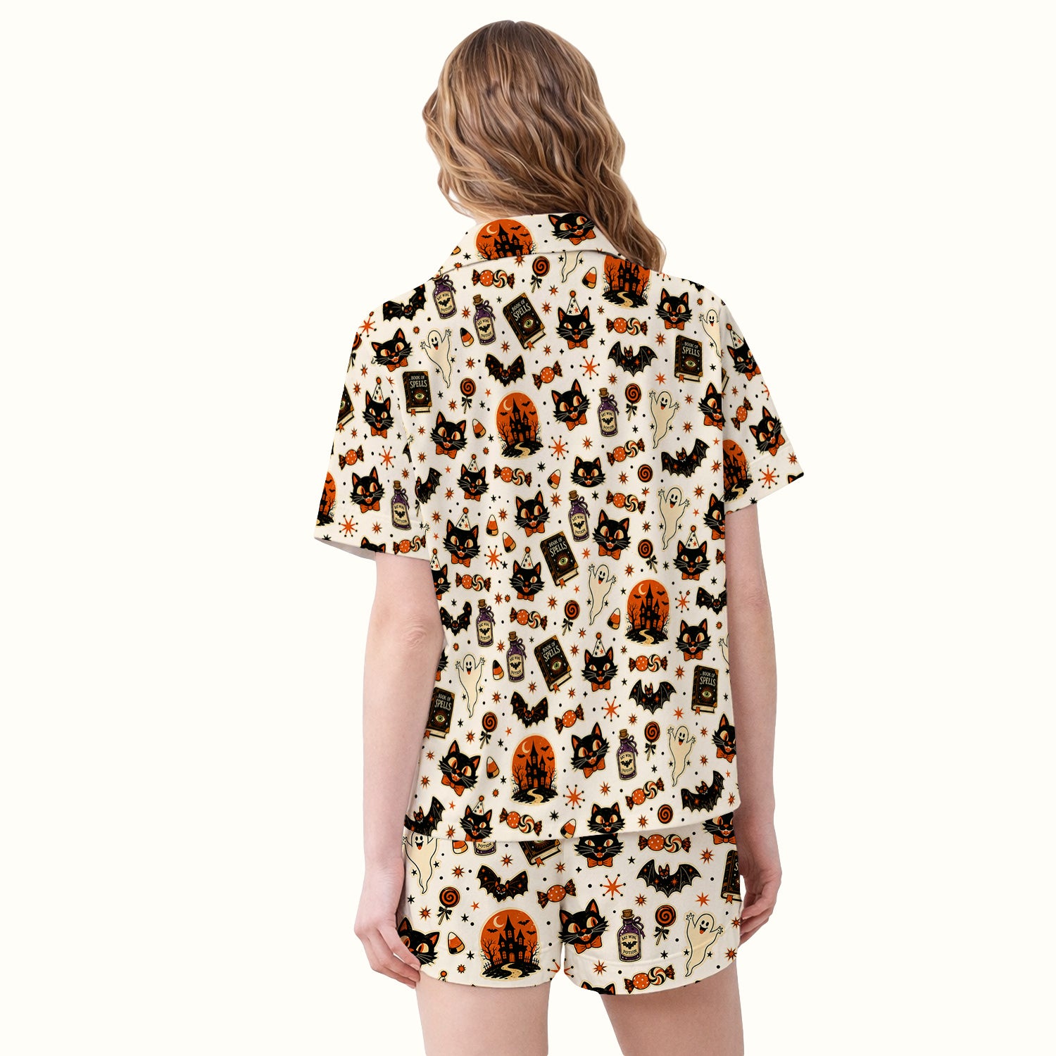 Halloween Black Cat with Ghost Candy Print Pajama Set, Soft Breathable Fabric Comfortable Sleepwear