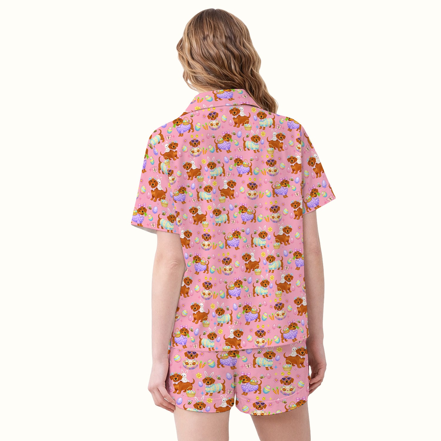 Cute Easter Dachshund Dog Pattern Pajama Set, Breathable Fabrics Uniform