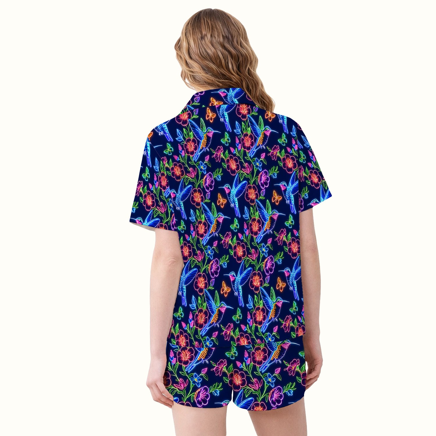 Neon Hummingbird Floral Garden Pattern Pajama Set, Soft Breathable Fabric Comfortable Sleepwear