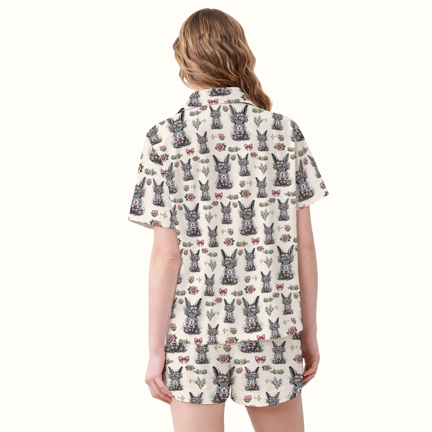 Easter Vintage Floral Bunny Print Pajama Set, Breathable Fabrics Uniform