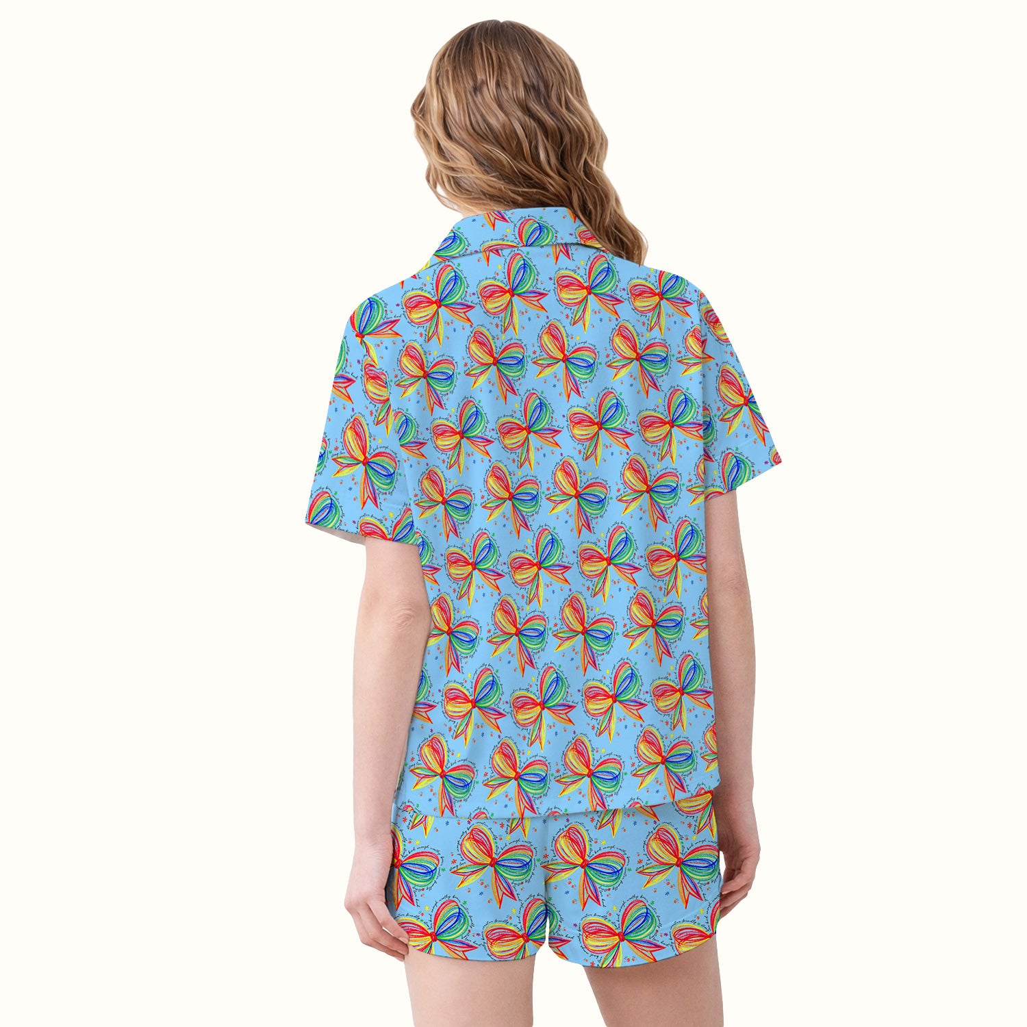 Colorful Rainbow Bow Pattern Pajama Set, Breathable Fabrics Uniform