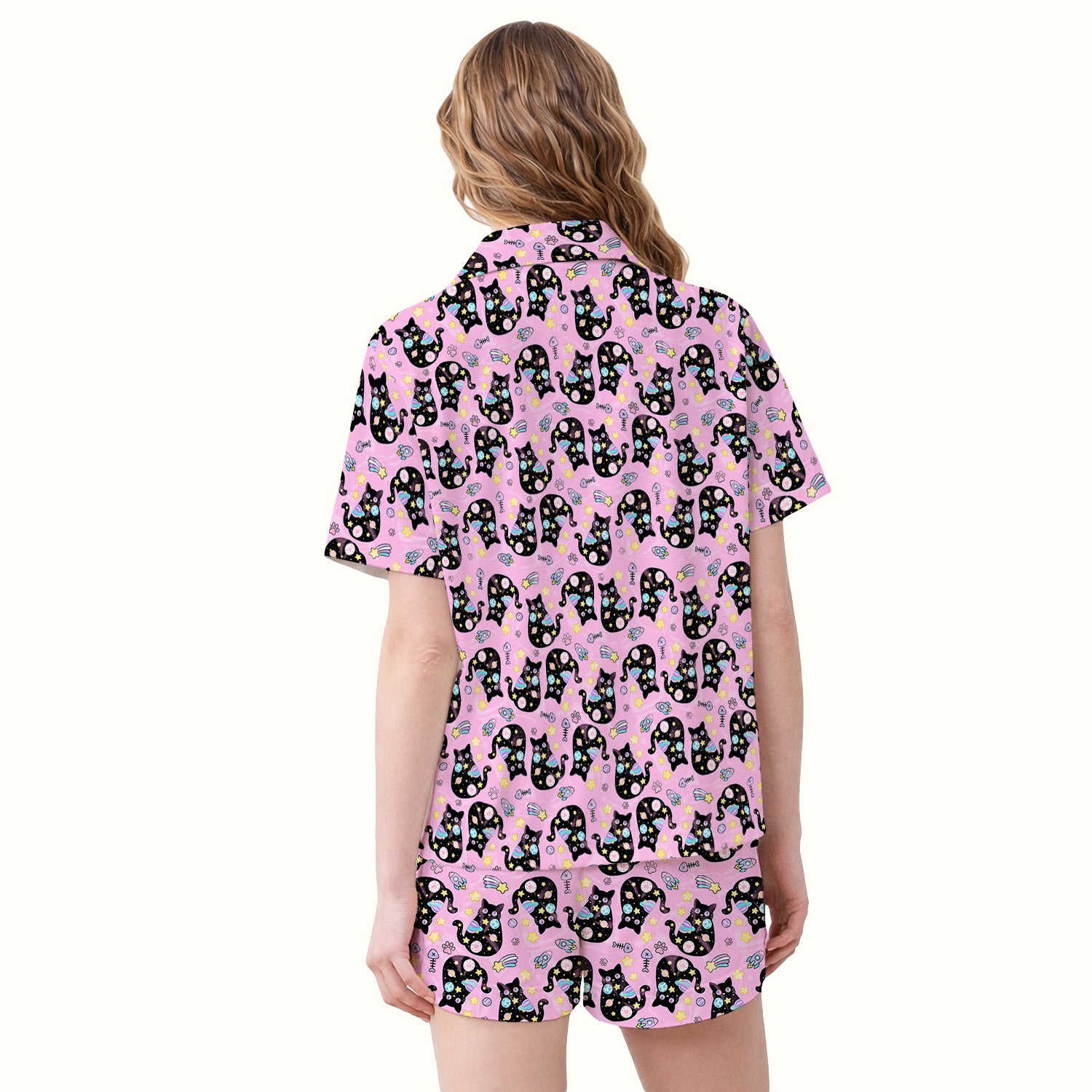 Galaxy Black Cat Space Pattern Pajama Set, Breathable Fabrics Uniform