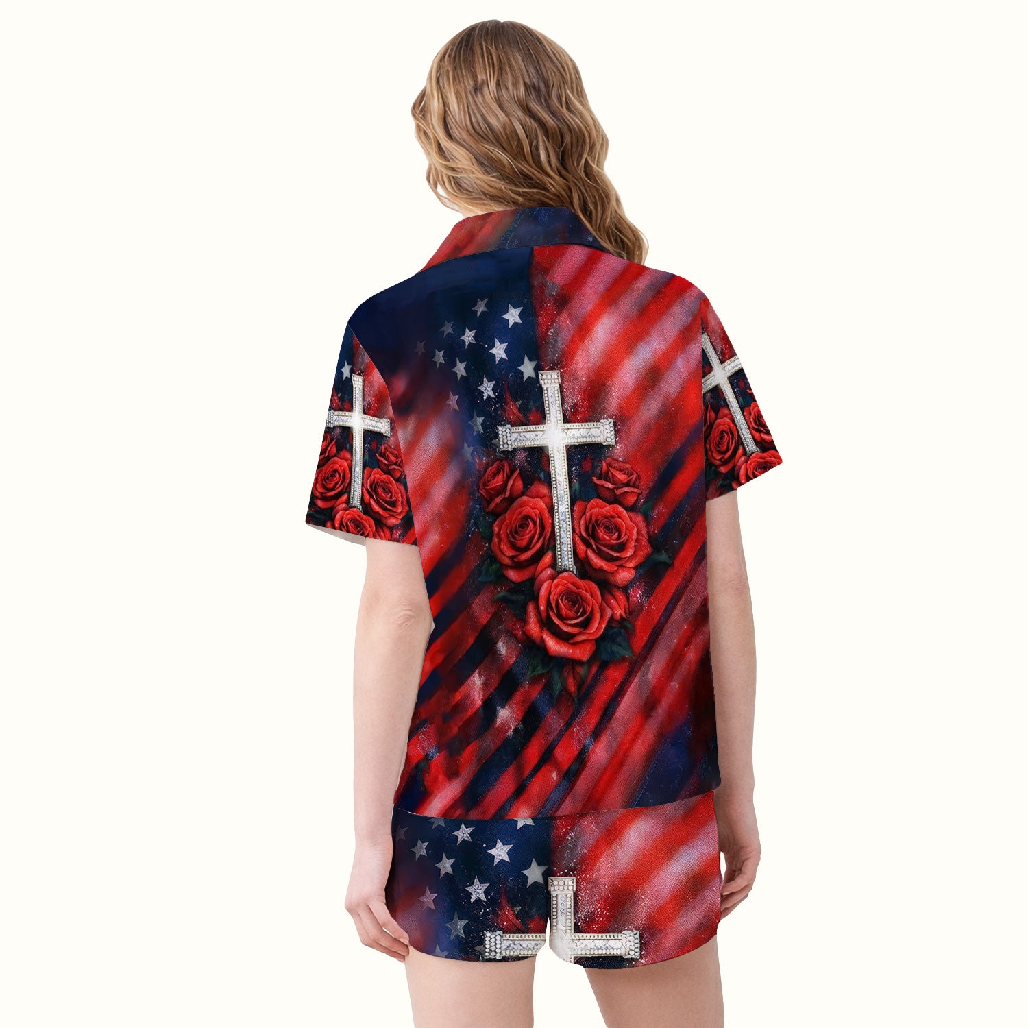 Custom Name Patriotic Cross Butterfly Rose Print Pajama Set, Soft Breathable Fabric Comfortable Sleepwear