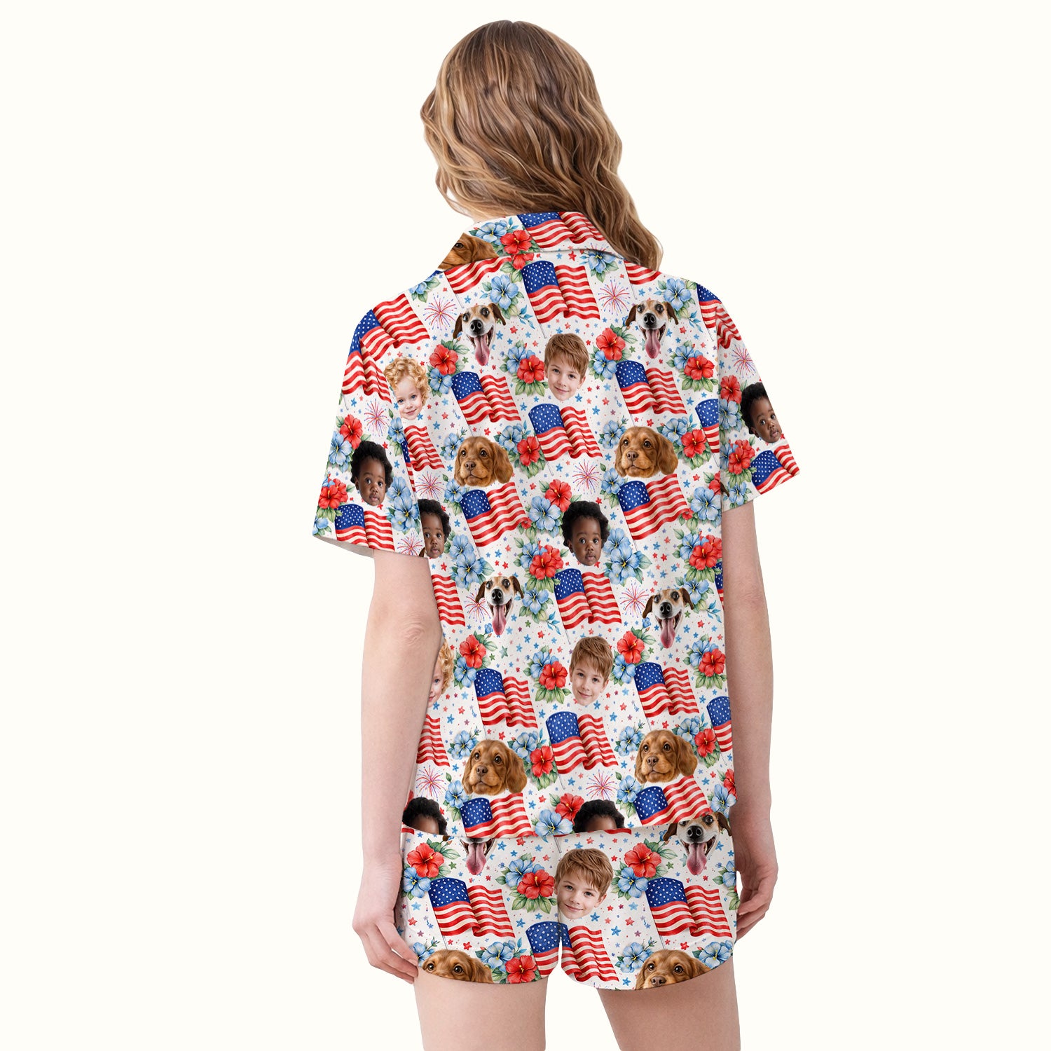 Custom Photo Patriotic Kids & Pet Faces Flag Nurse Pajama Set, Soft Breathable Fabric Comfortable Sleepwear