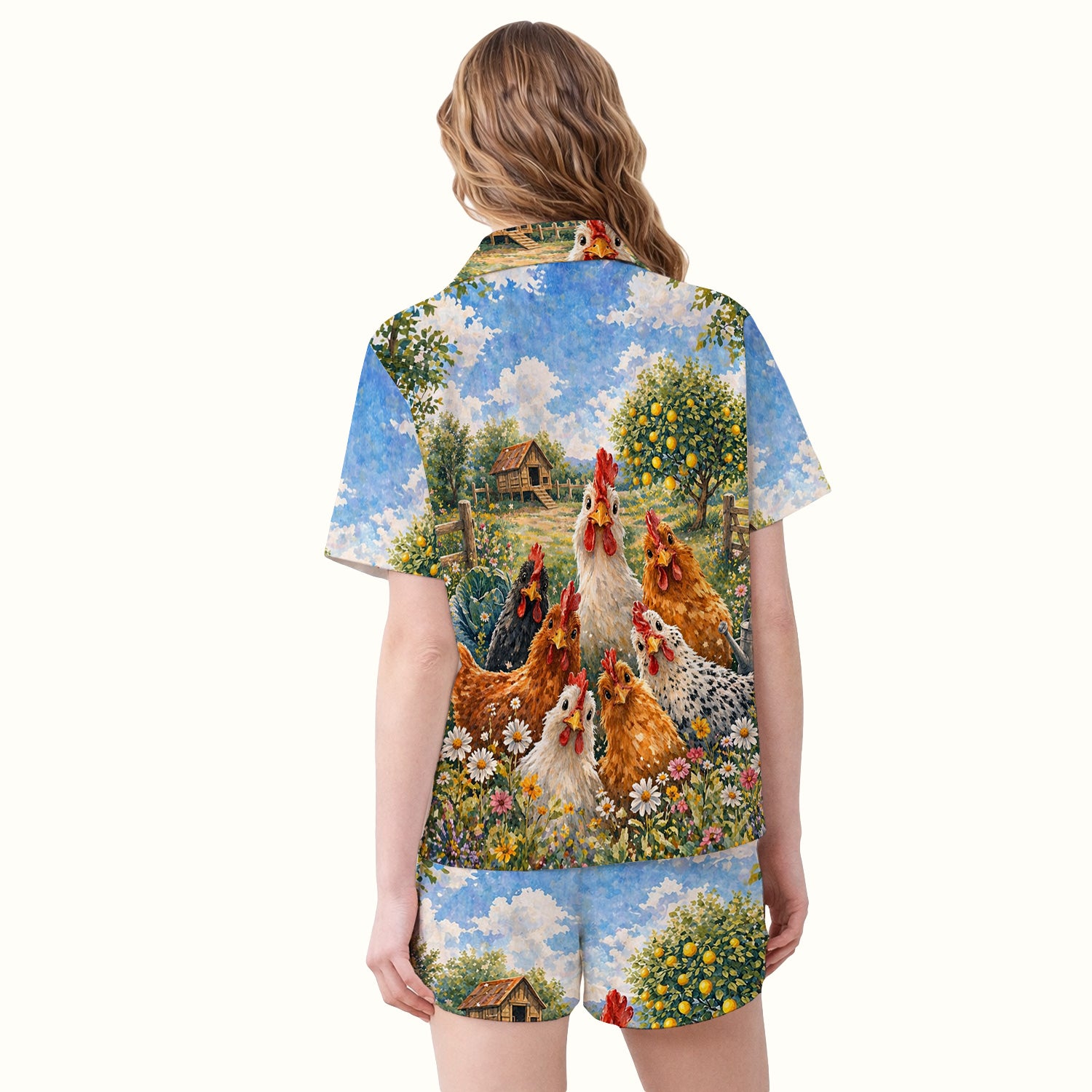 Rustic Chicken Family Farm Garden Pattern Nurse Pajama Set, Soft Breathable Fabric Comfortable Sleepwear