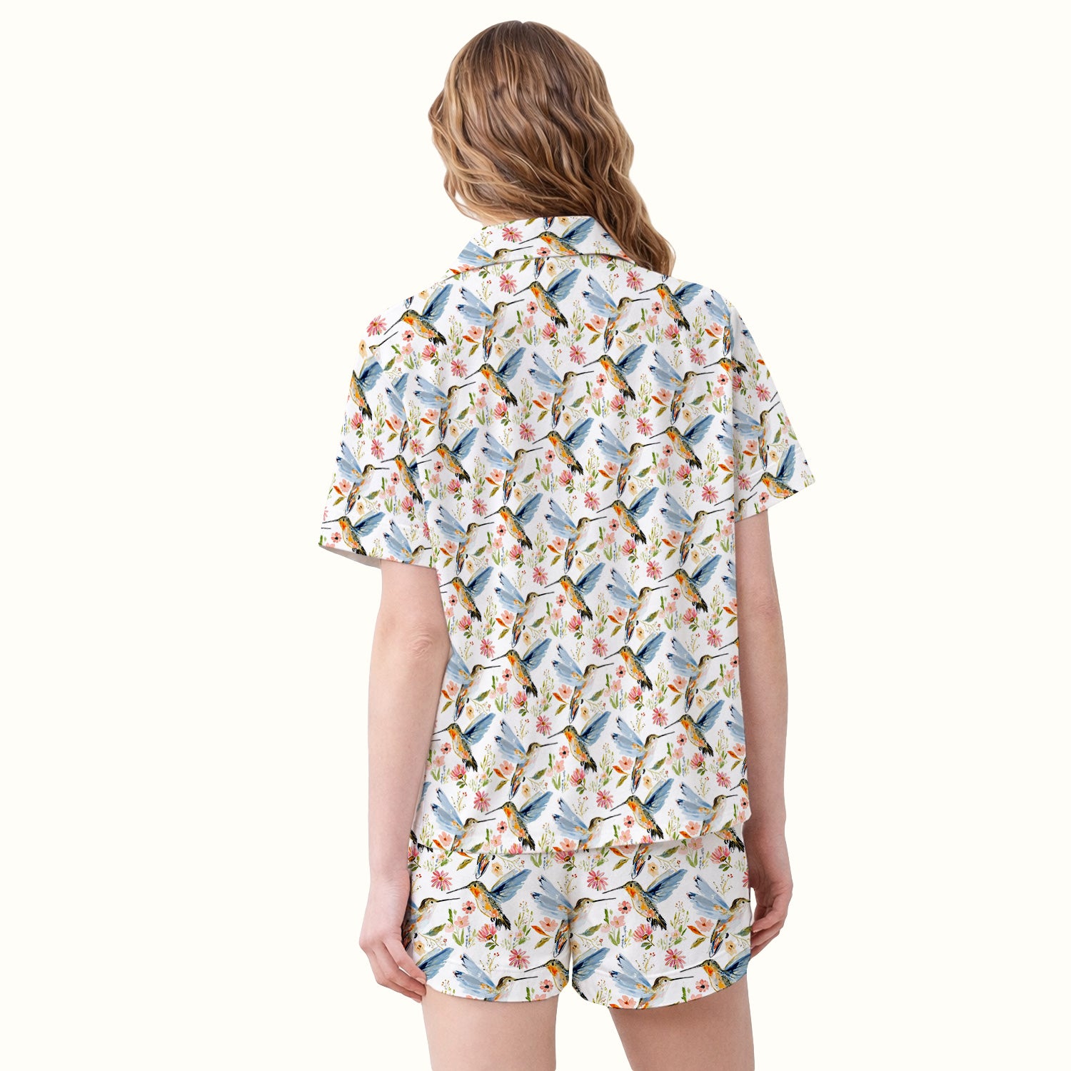 Watercolor Hummingbird Floral Pattern Pajama Set, Soft Breathable Fabric Comfortable Sleepwear