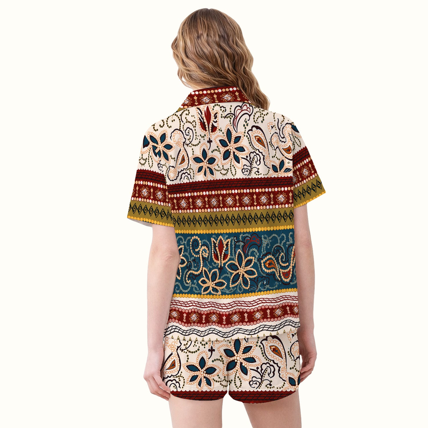 Boho Paisley Floral Stripe Pattern Pajama Set, Soft Breathable Fabric Comfortable Sleepwear