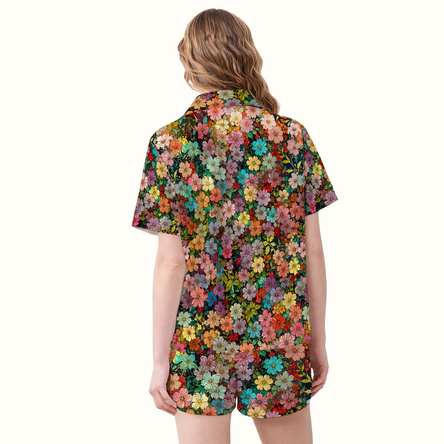 Colorful Wildflower Garden Bloom Pattern Pajama Set, Soft Breathable Fabric Comfortable Sleepwear