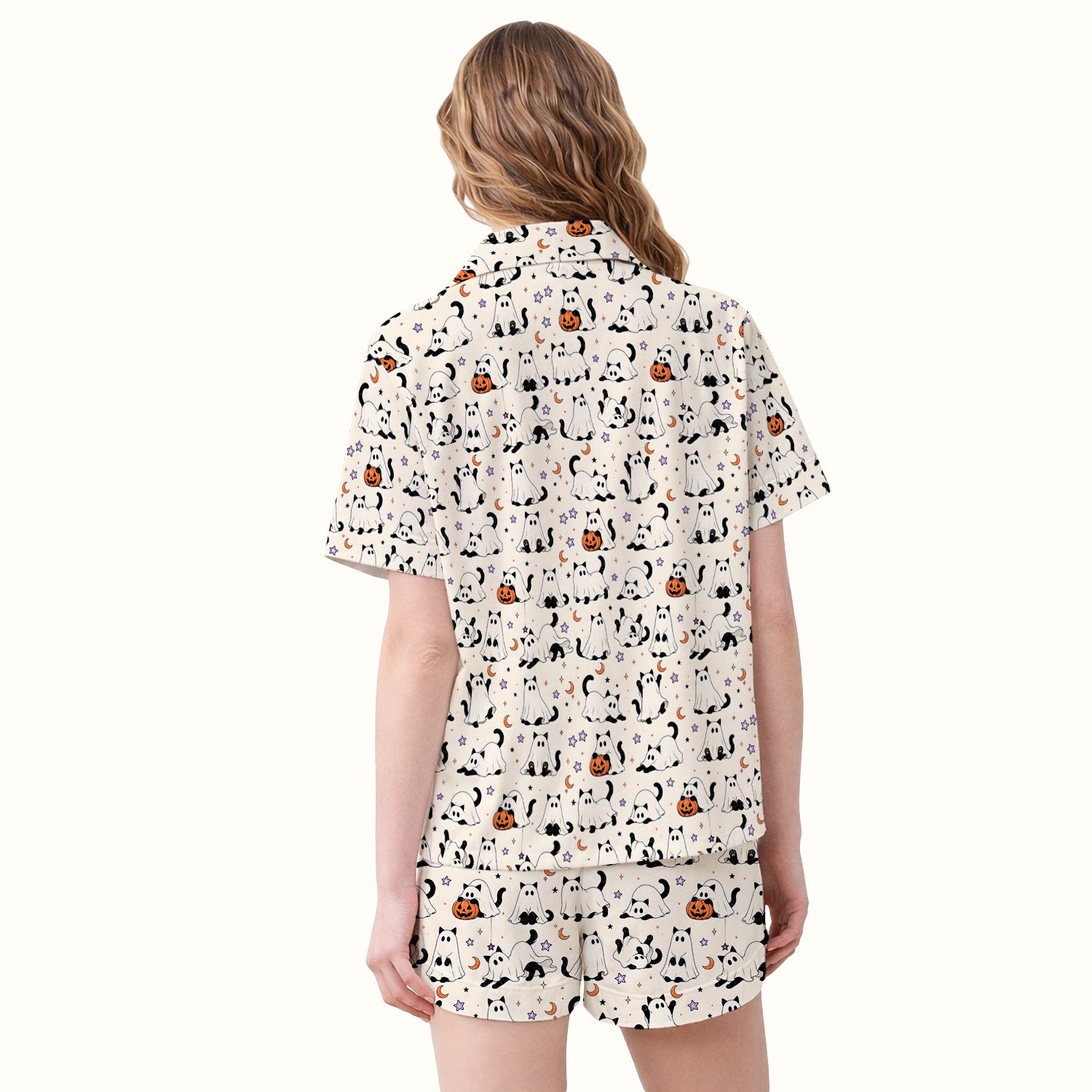 Halloween Ghost Cats And Pumpkins Pajama Set, Soft Breathable Fabric Comfortable Sleepwear