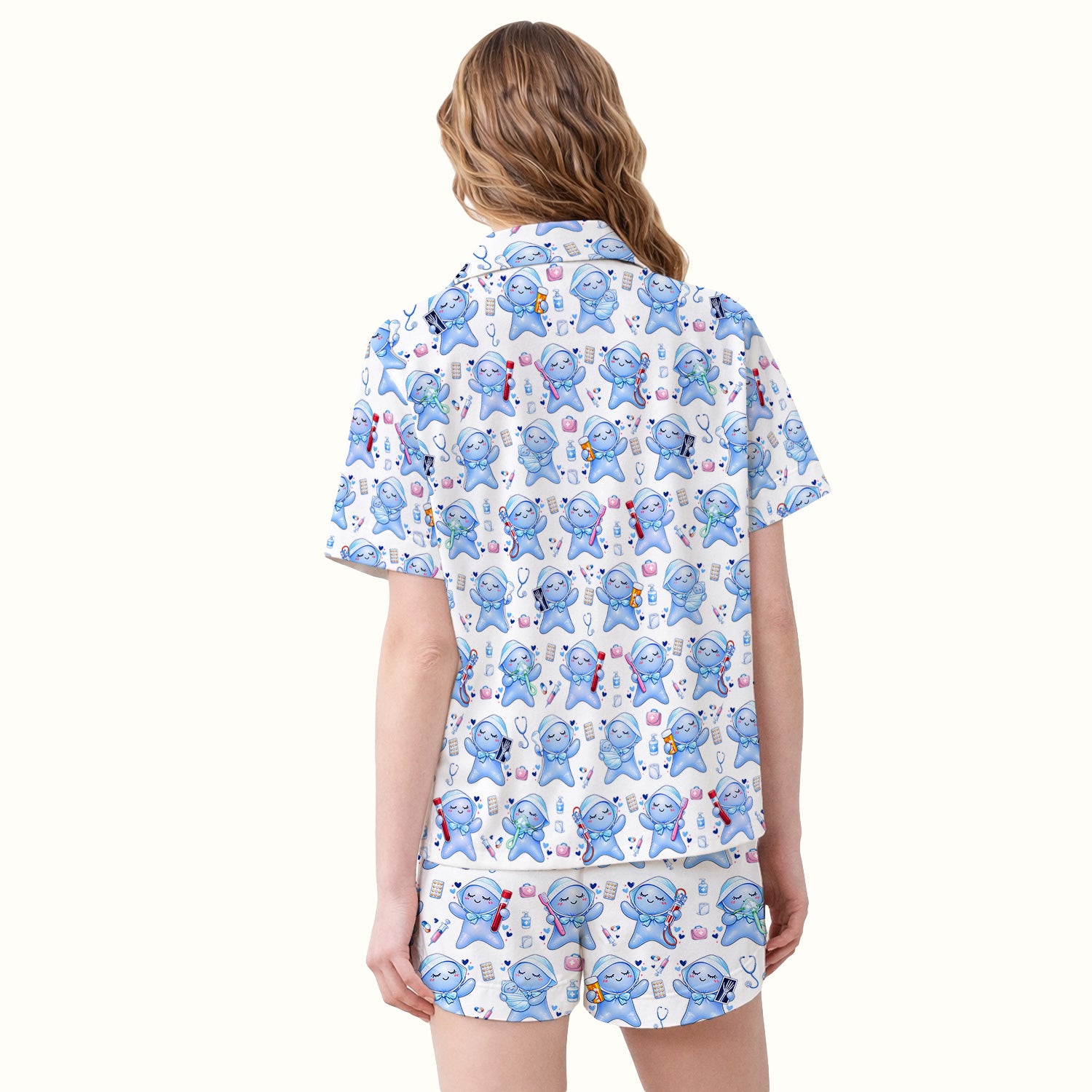 Cute Tooth Character Dental Tools Caring Pattern Pajama Set, Breathable Fabrics Uniform