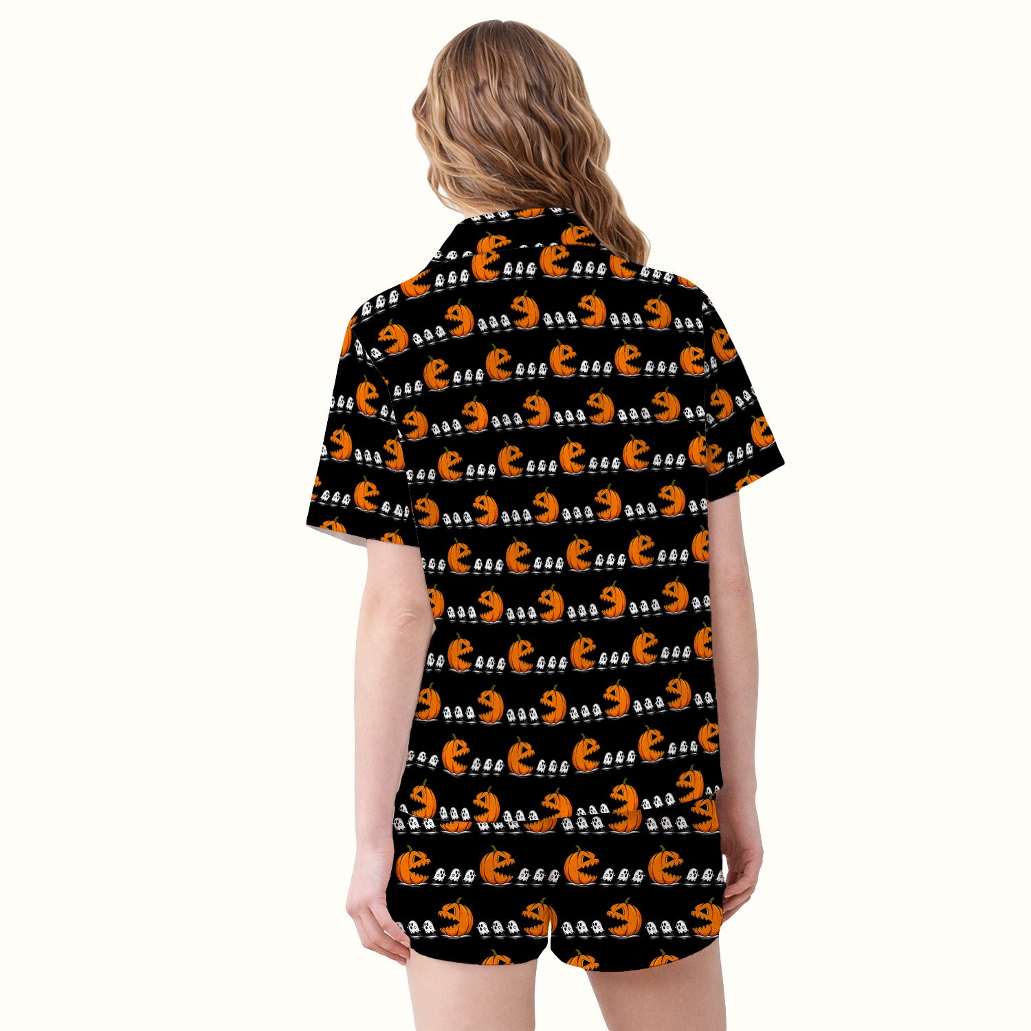 Spooky Halloween Pumpkin Ghost Pajama Set, Soft Breathable Fabric Comfortable Sleepwear