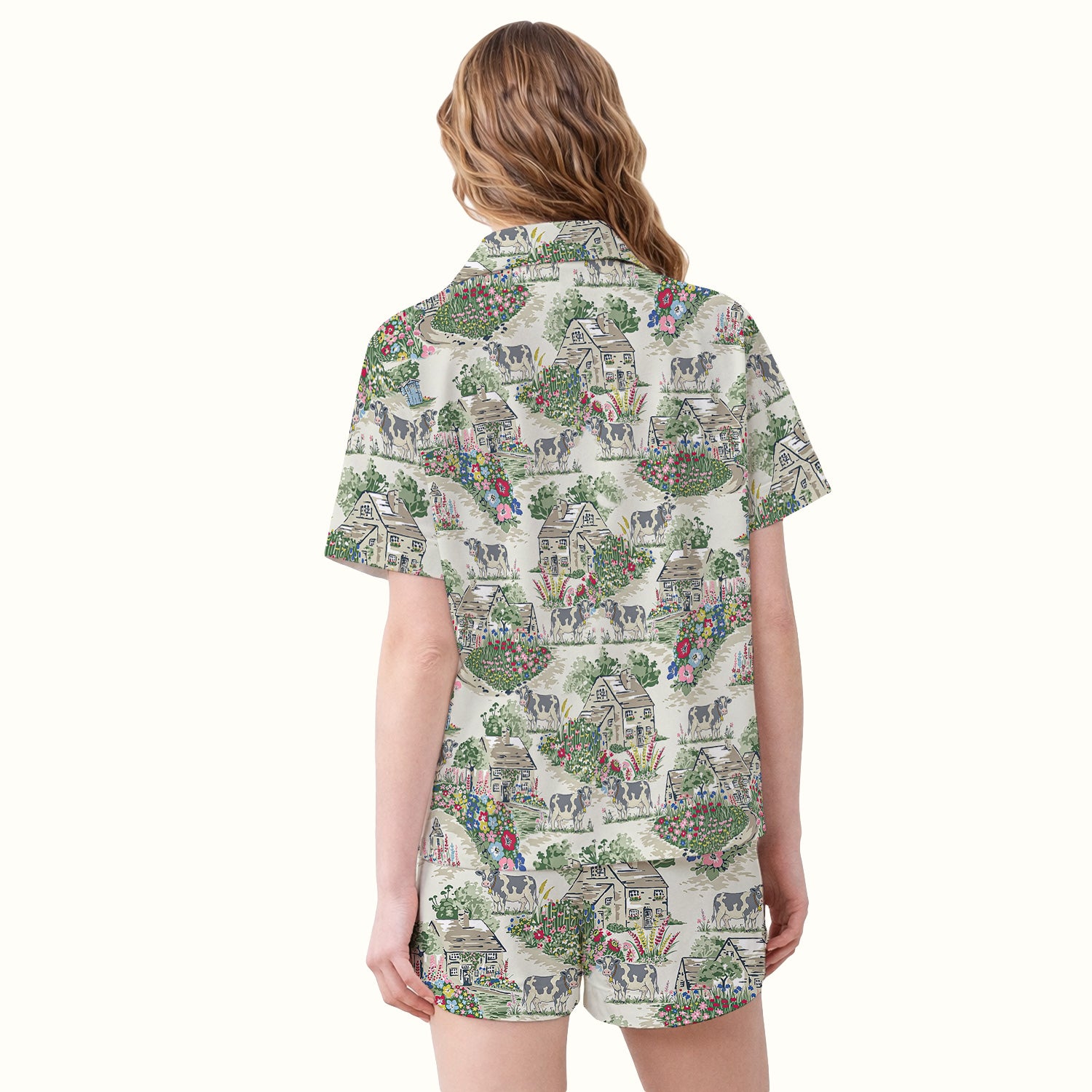 Charming Countryside Cows Cottage Garden Pattern Pajama Set, Soft Breathable Fabric Comfortable Sleepwear