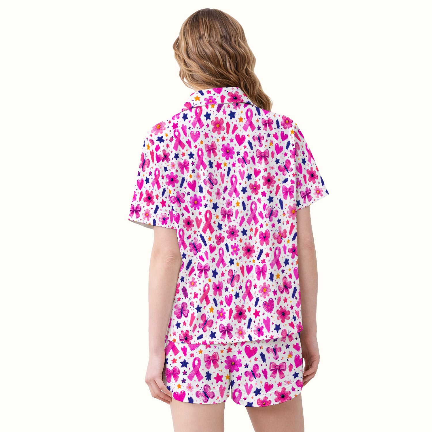 Pink Ribbon Floral Pattern Pajama Set, Soft Breathable Fabric Comfortable Sleepwear