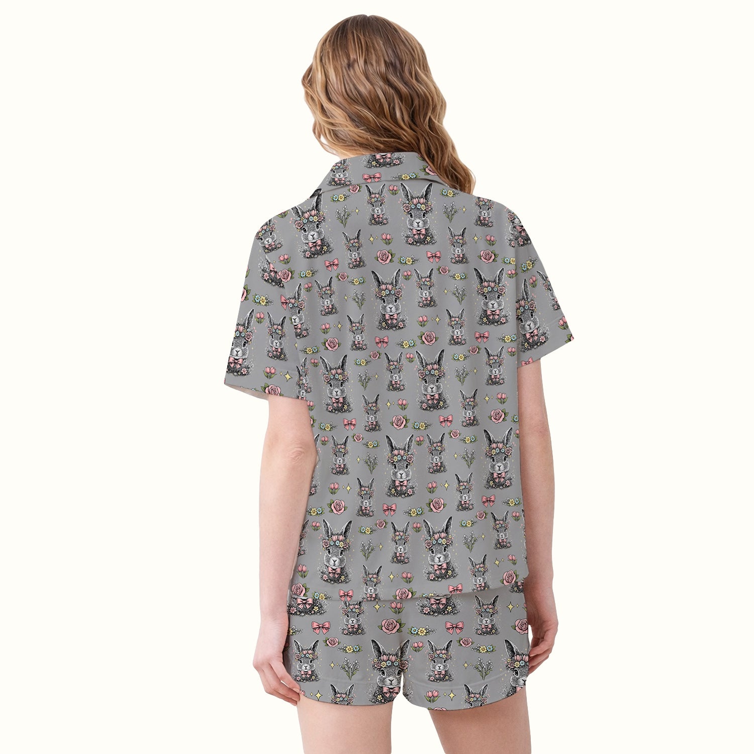 Easter Vintage Floral Bunny Print Pajama Set, Breathable Fabrics Uniform