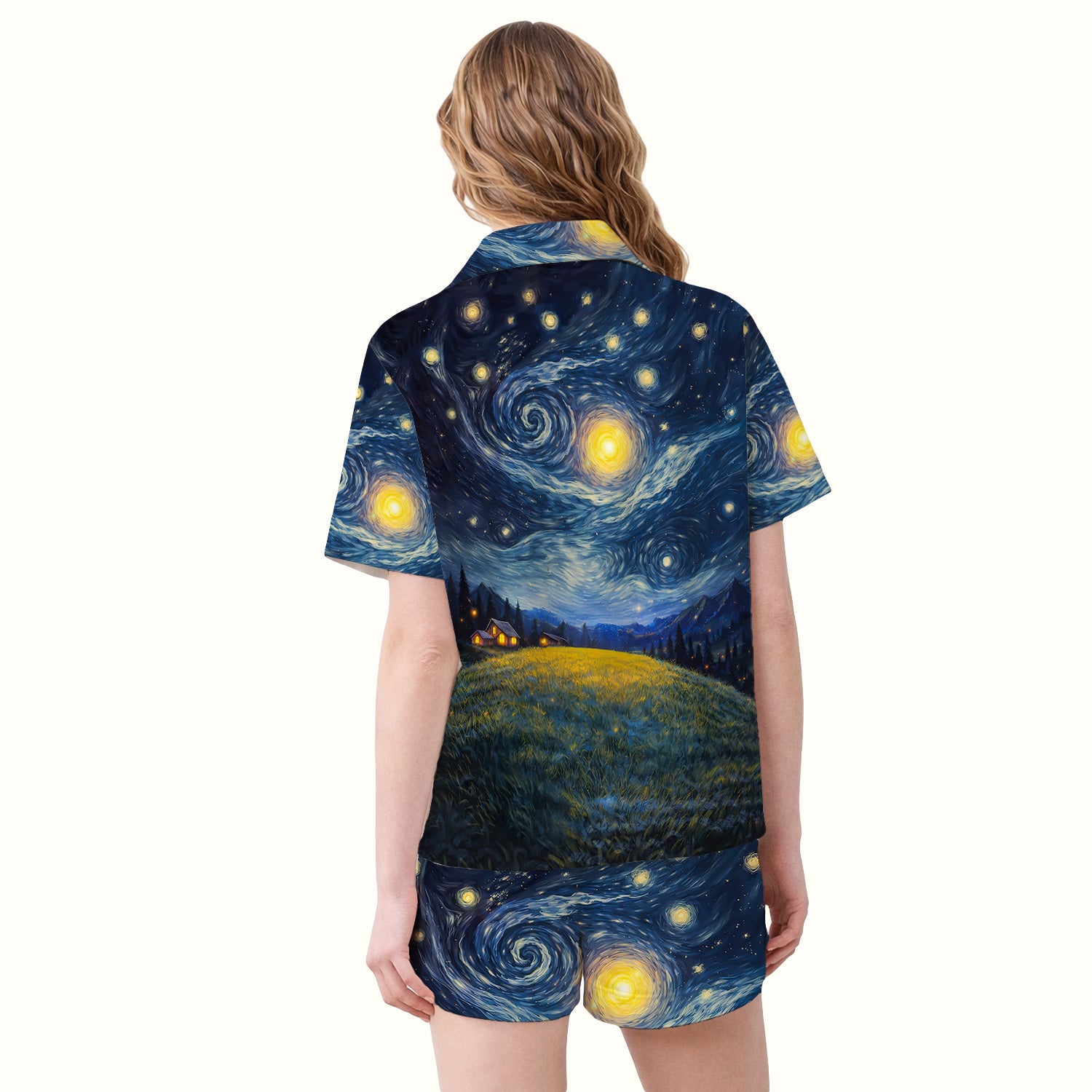 Starry Night Black Cat Heart Art  Pajama Set, Breathable Fabrics Uniform