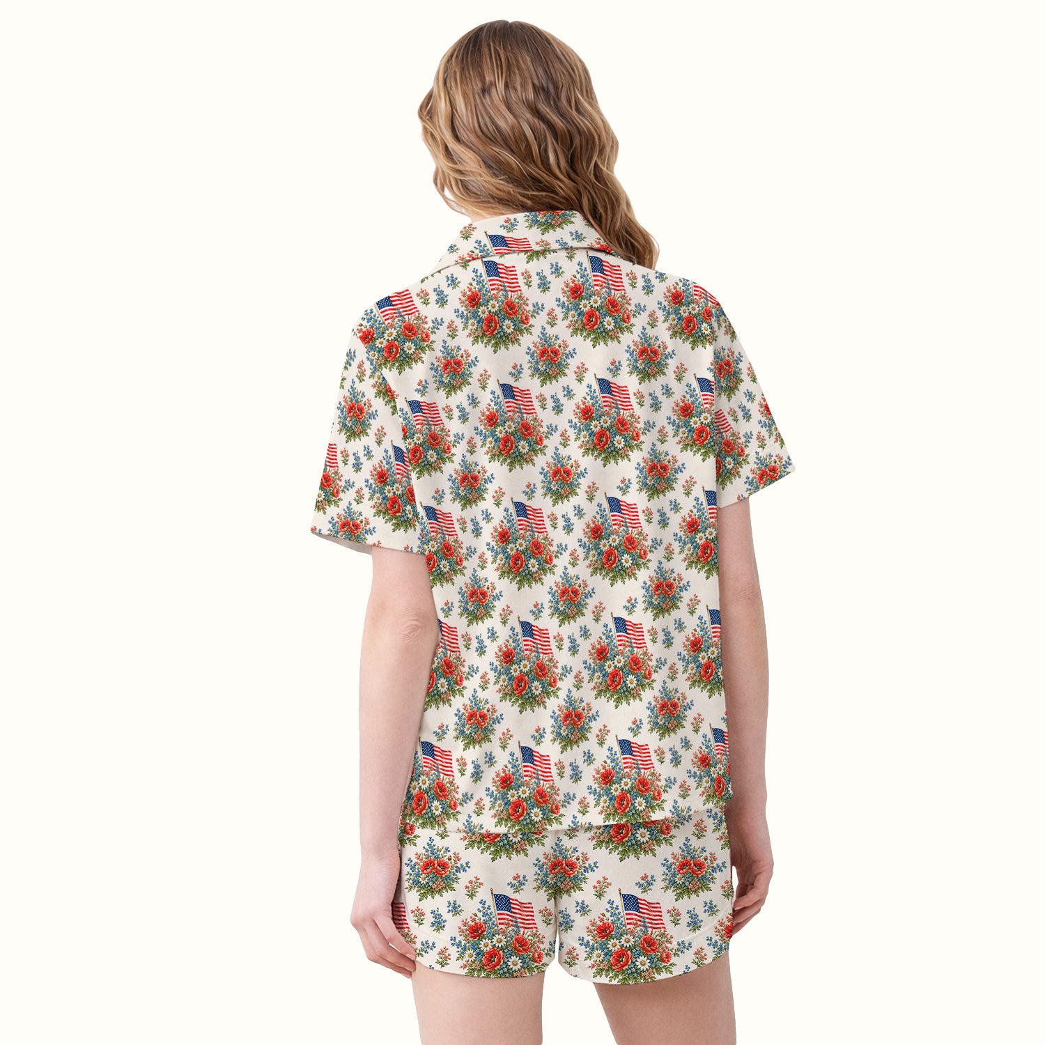 Patriotic Floral With USA Flag Pattern Pajama Set, Soft Breathable Fabric Comfortable Sleepwear