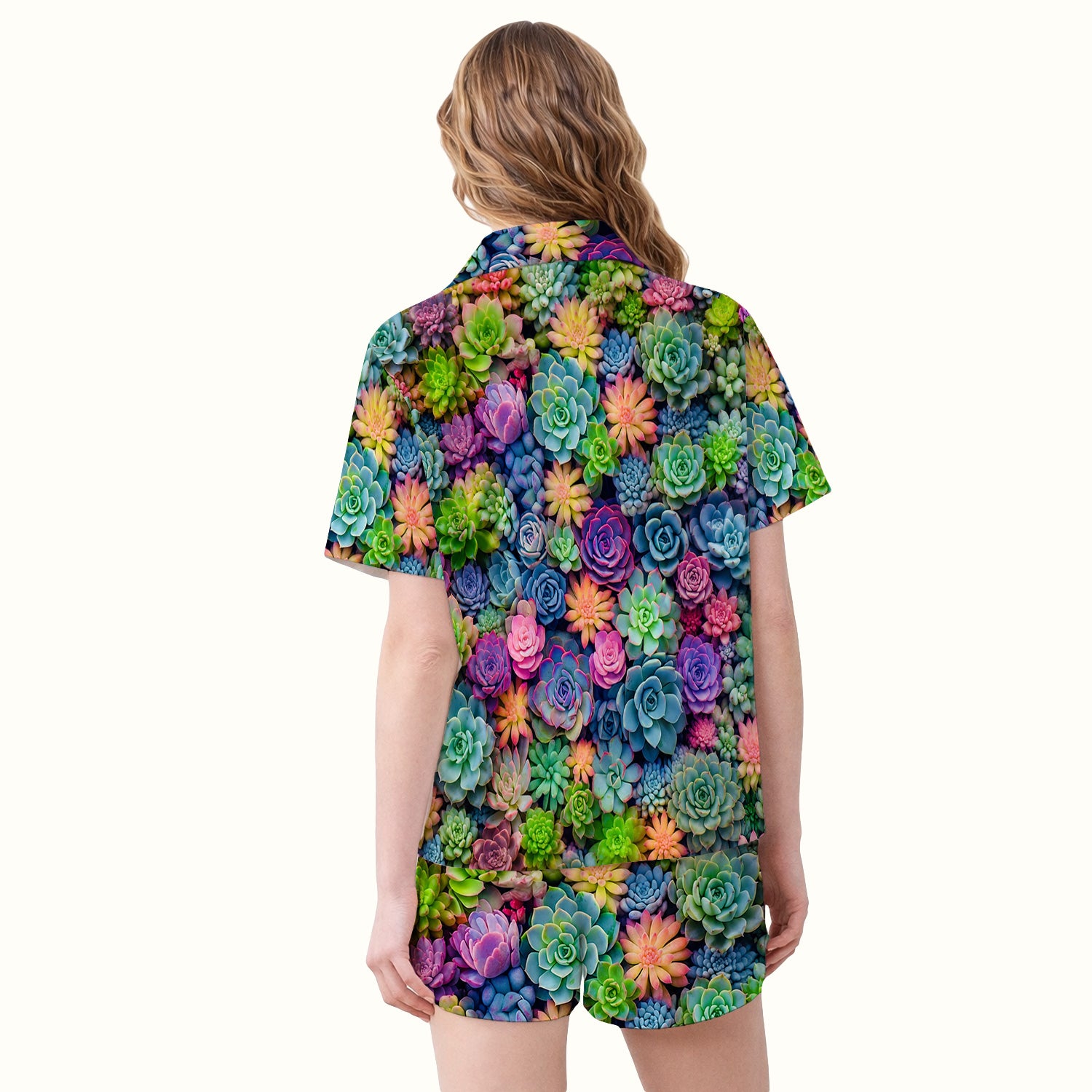 Cute Nurse Scrub Top Boho Succulent Flower Pattern Pajama Set, Soft Breathable Fabric Comfortable Sleepwear