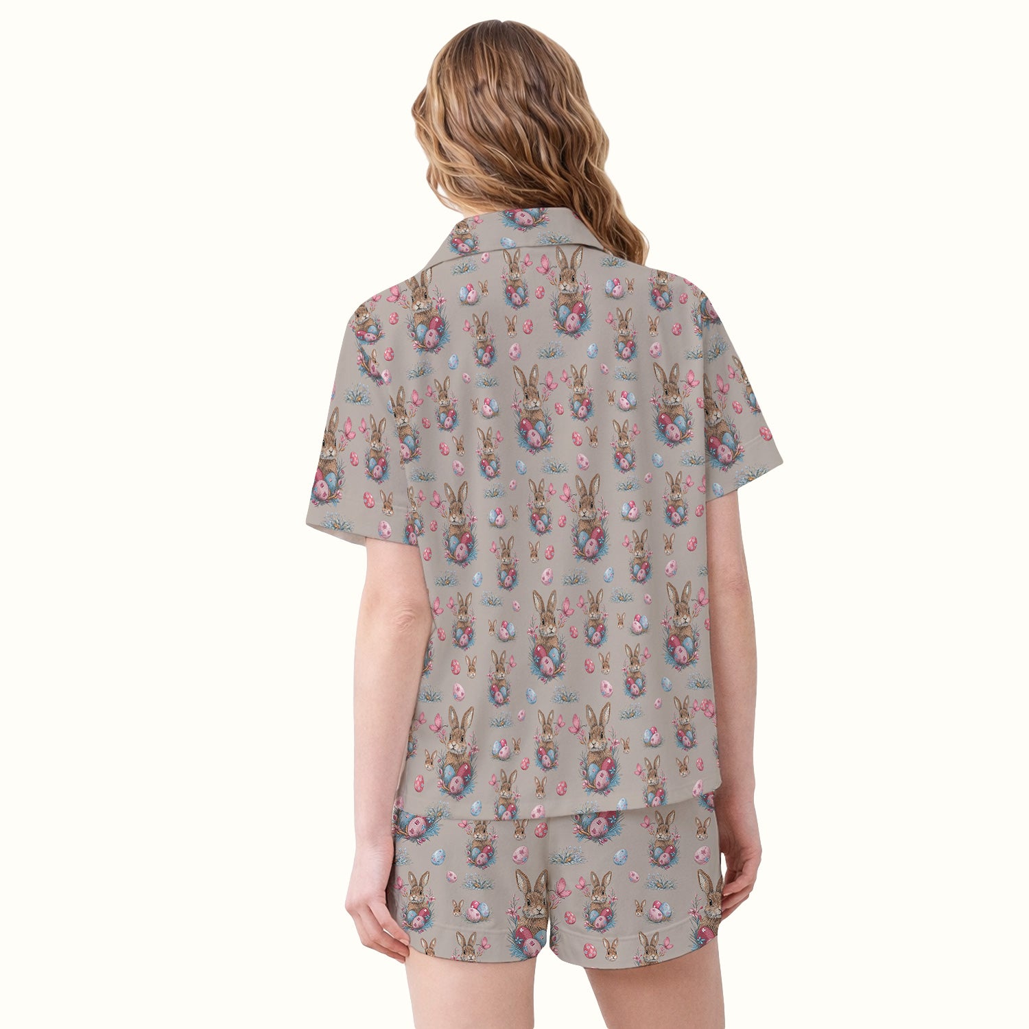 Pastel Easter Bunny Nest Pattern Pajama Set, Breathable Fabrics Uniform