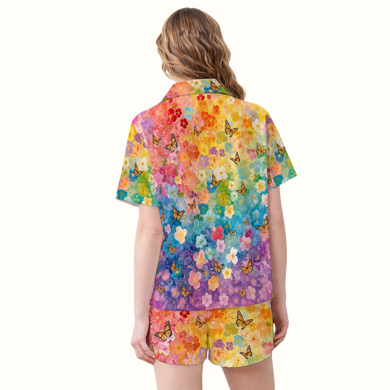 Rainbow Butterfly Floral Blossom Pattern Pajama Set, Soft Breathable Fabric Comfortable Sleepwear