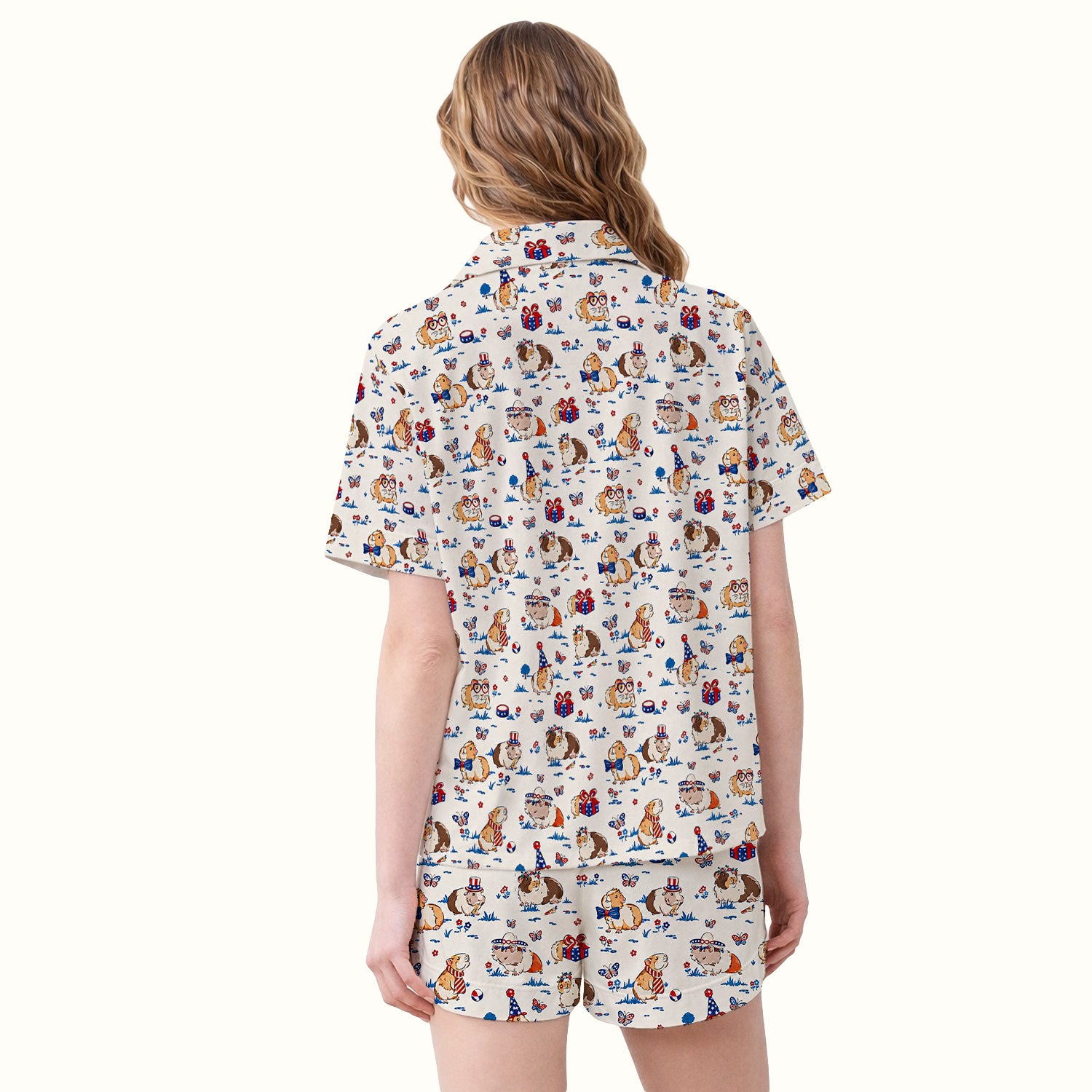 Patriotic Guinea Pig Celebration Pattern Pajama Set, Soft Breathable Fabric Comfortable Sleepwear