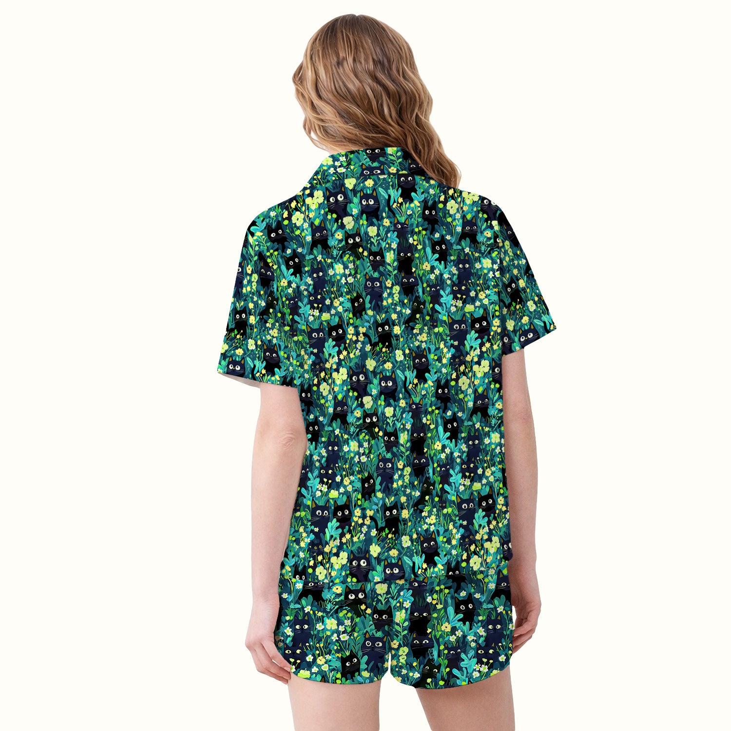Black Cat Floral Pattern Pajama Set, Soft Breathable Fabric Comfortable Sleepwear