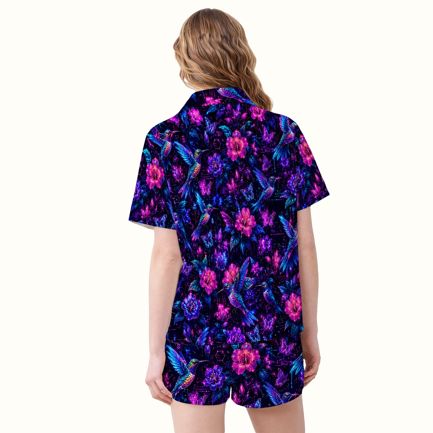 Neon Hummingbird Butterfly Bloom Pattern Pajama Set, Soft Breathable Fabric Comfortable Sleepwear