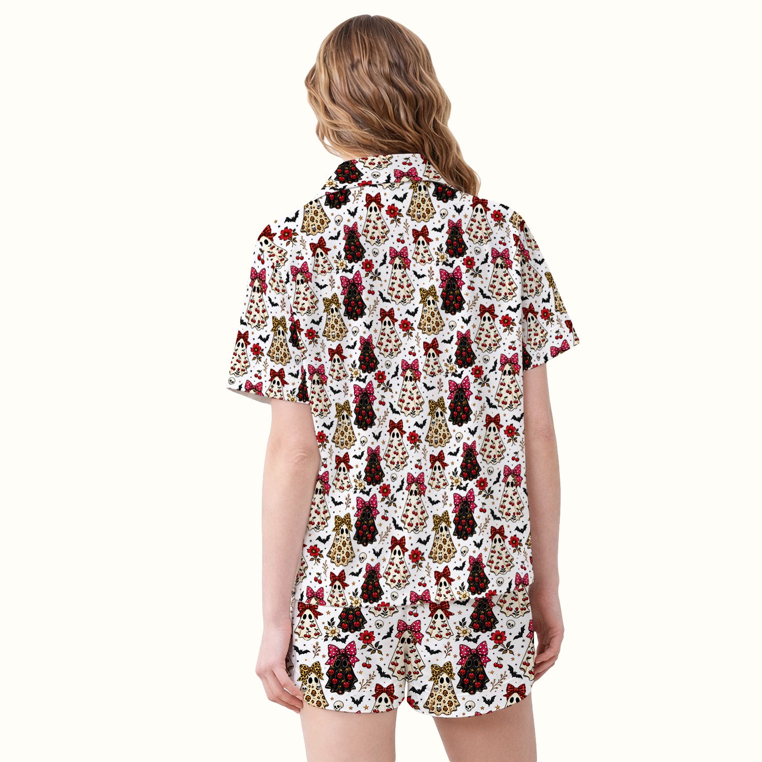 Spooky Halloween Ghost Pattern Pajama Set, Soft Breathable Fabric Comfortable Sleepwear