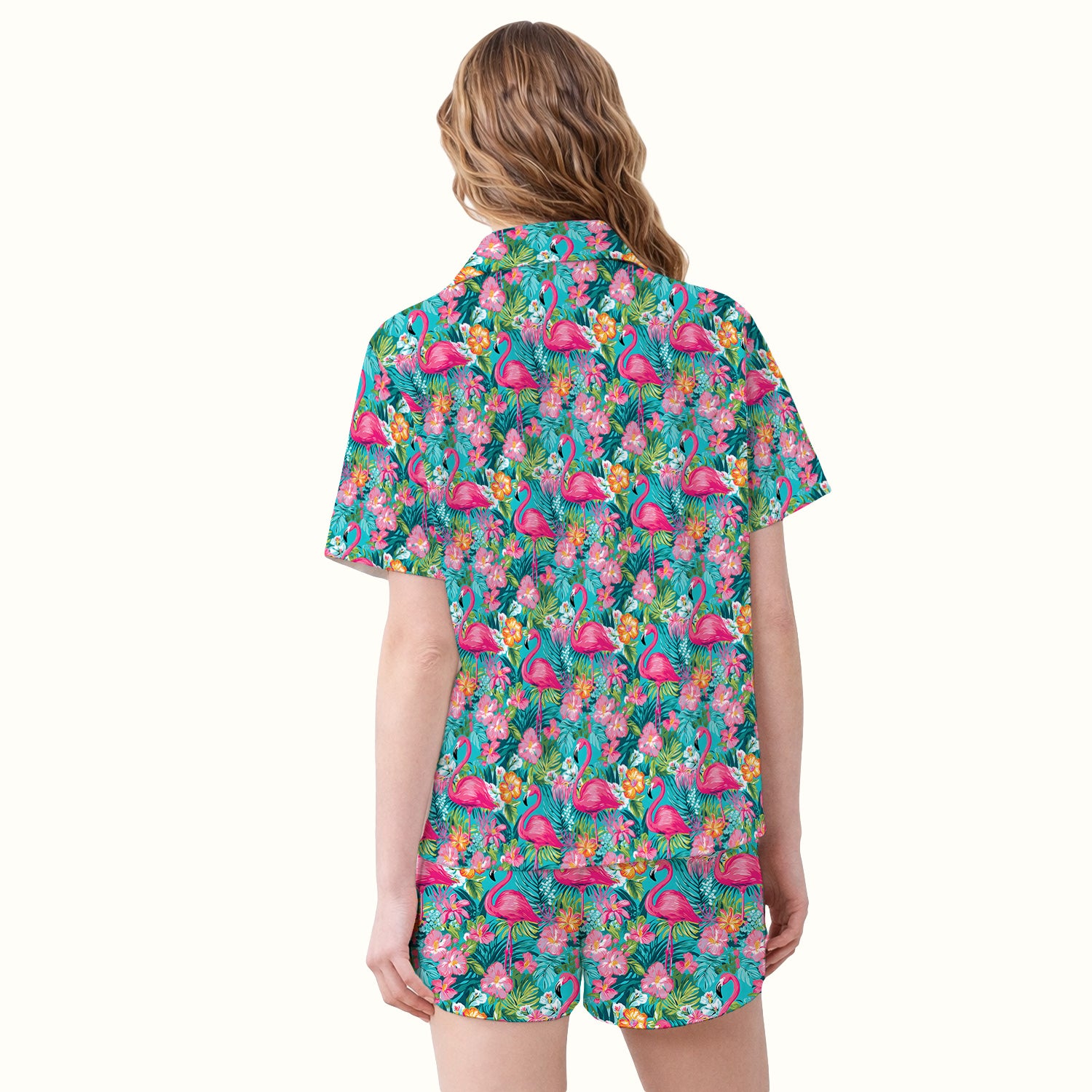 Tropical Flamingo Floral Pattern Pajama Set, Soft Breathable Fabric Comfortable Sleepwear