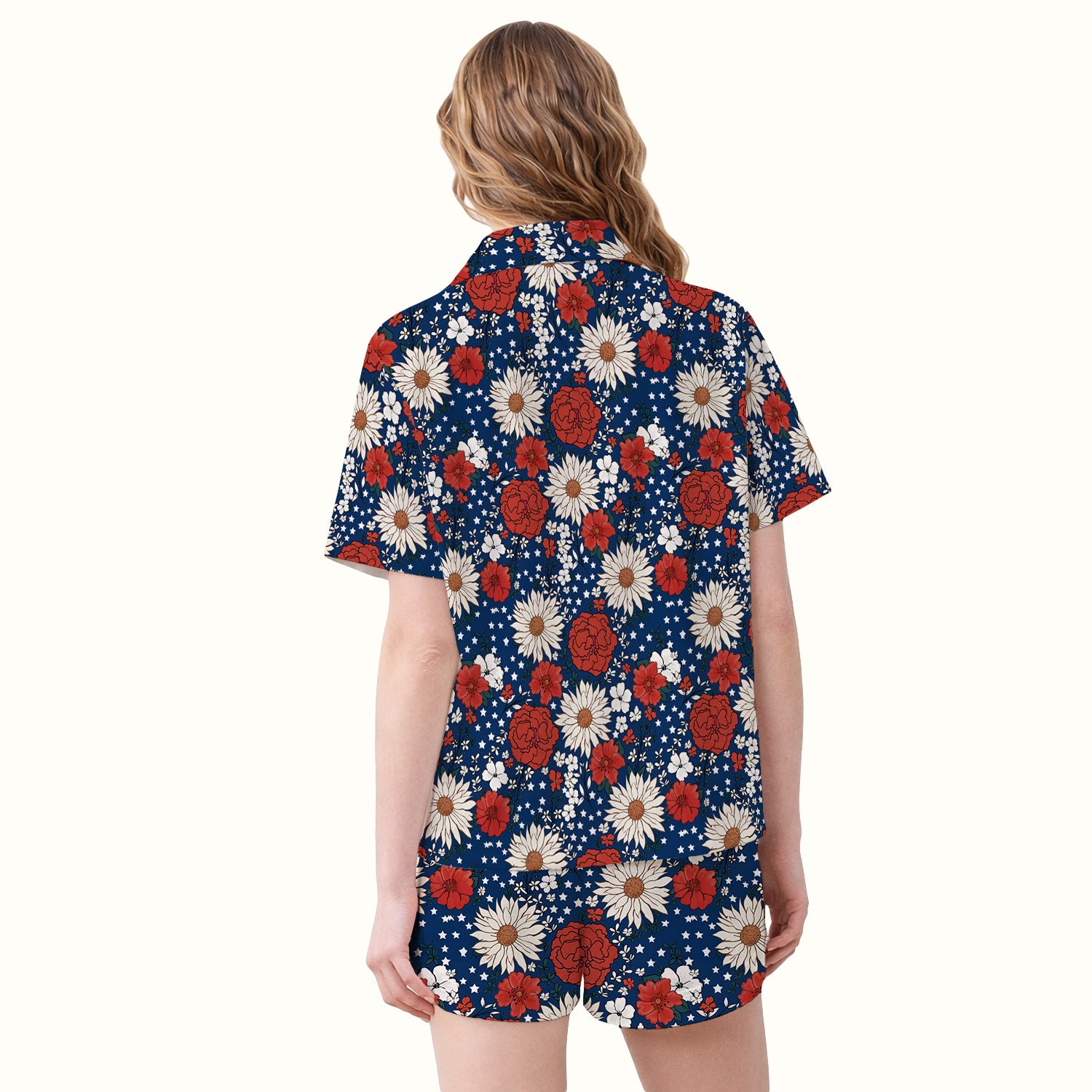 Red White Blue Floral Pattern Pajama Set, Soft Breathable Fabric Comfortable Sleepwear