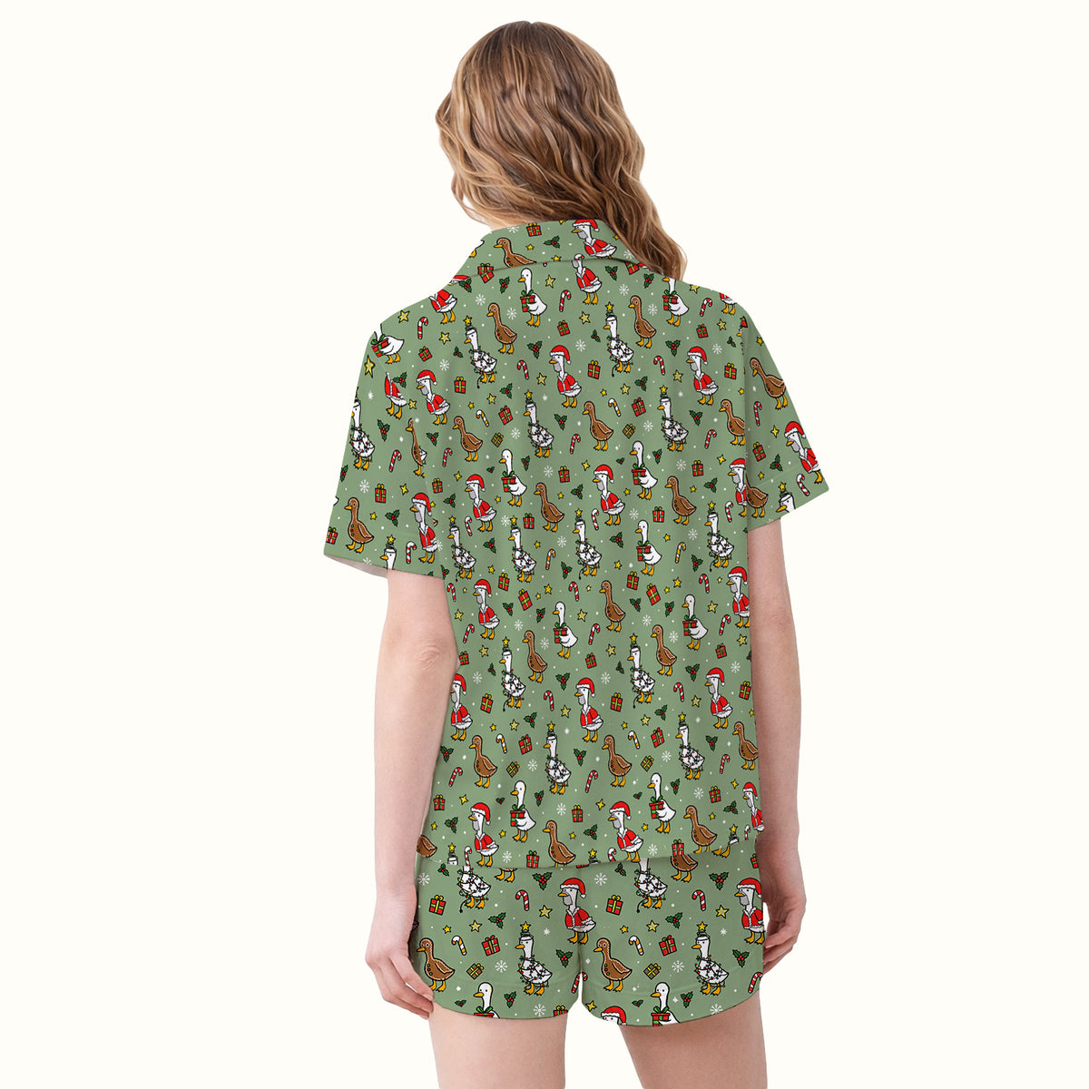 Christmas Geese In Festive Costumes Pajama Set, Soft Breathable Fabric Comfortable Sleepwear