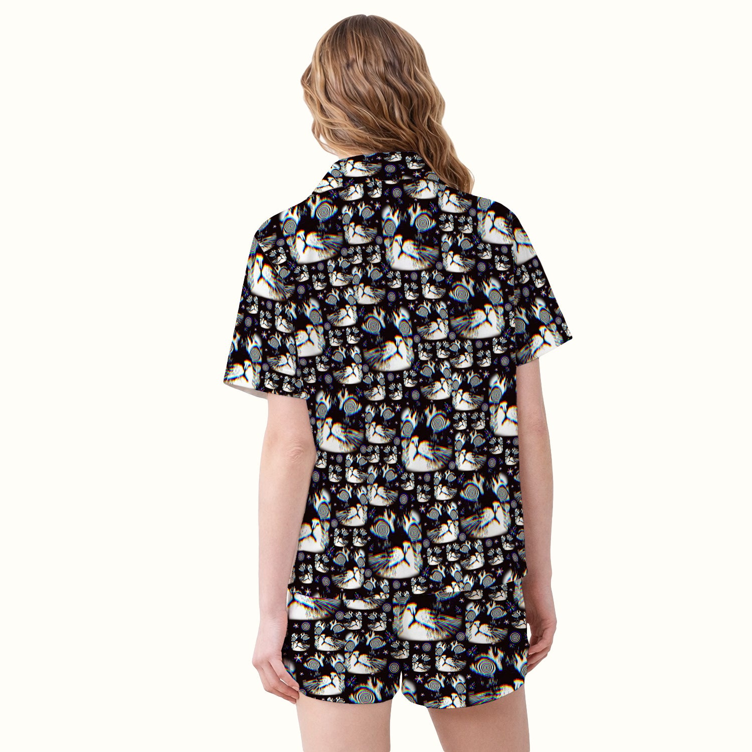 Funny Cosmic Cat Eye Spiral Pattern Pajama Set, Soft Breathable Fabric Comfortable Sleepwear