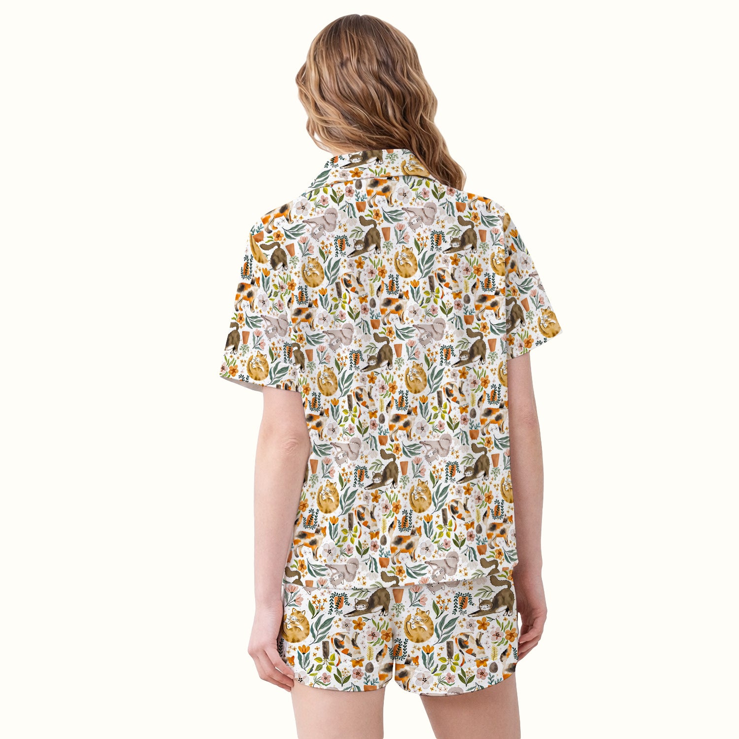 Cat Wildflower Garden Floral Pattern Pajama Set, Breathable Fabrics Uniform