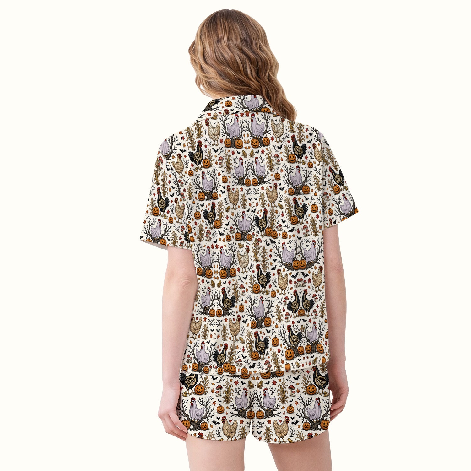 Halloween Skeleton Chickens Pattern Pajama Set, Soft Breathable Fabric Comfortable Sleepwear