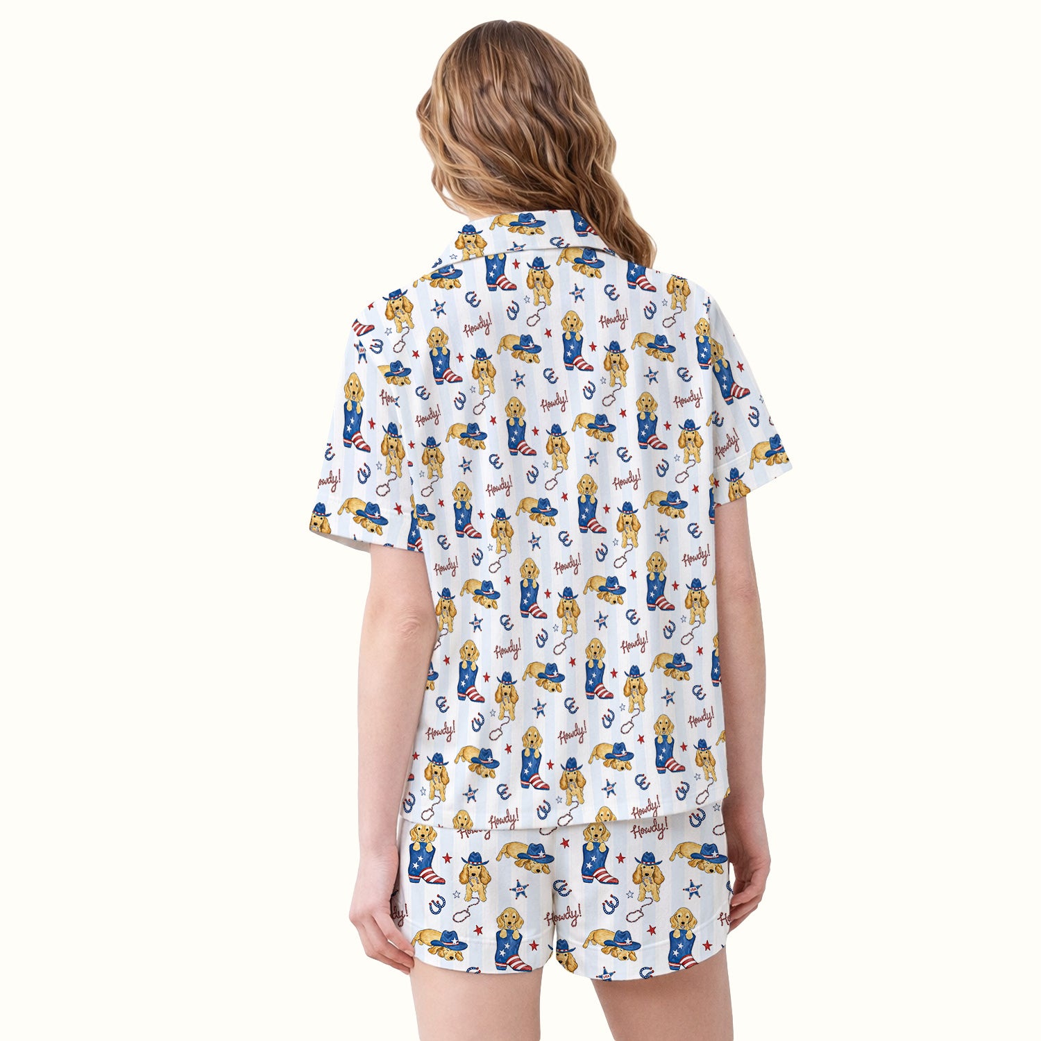 Patriotic Howdy Golden Dog Western Pattern Pajama Set, Soft Breathable Fabric Comfortable Sleepwear
