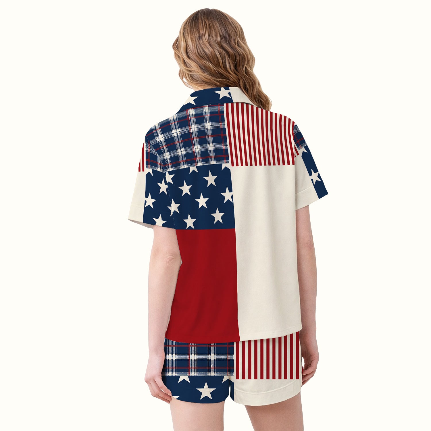 USA Flag Rose Patchwork Pattern Pajama Set, Soft Breathable Fabric Comfortable Sleepwear
