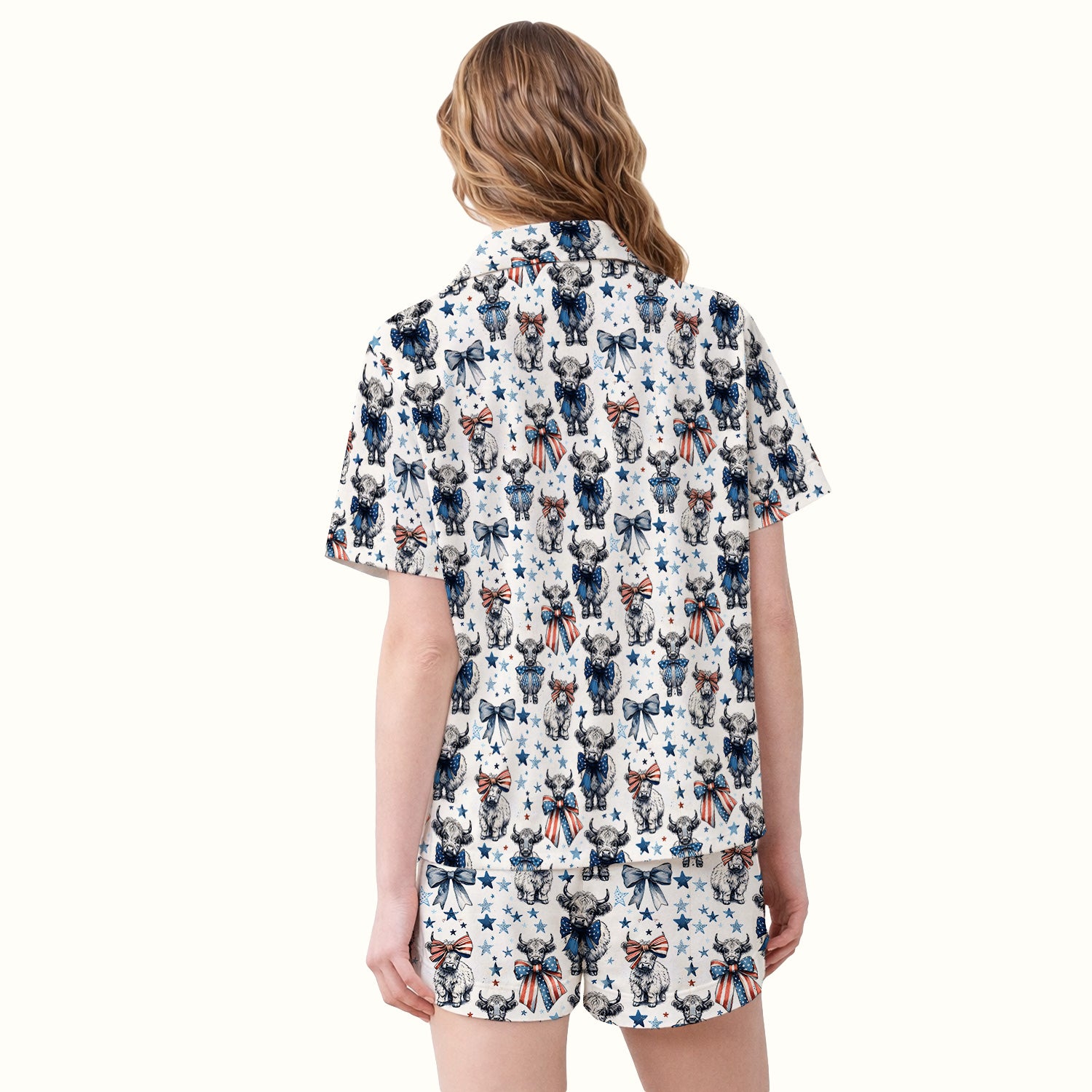 Patriotic Highland Cow Stars Pattern Pajama Set, Soft Breathable Fabric Comfortable Sleepwear