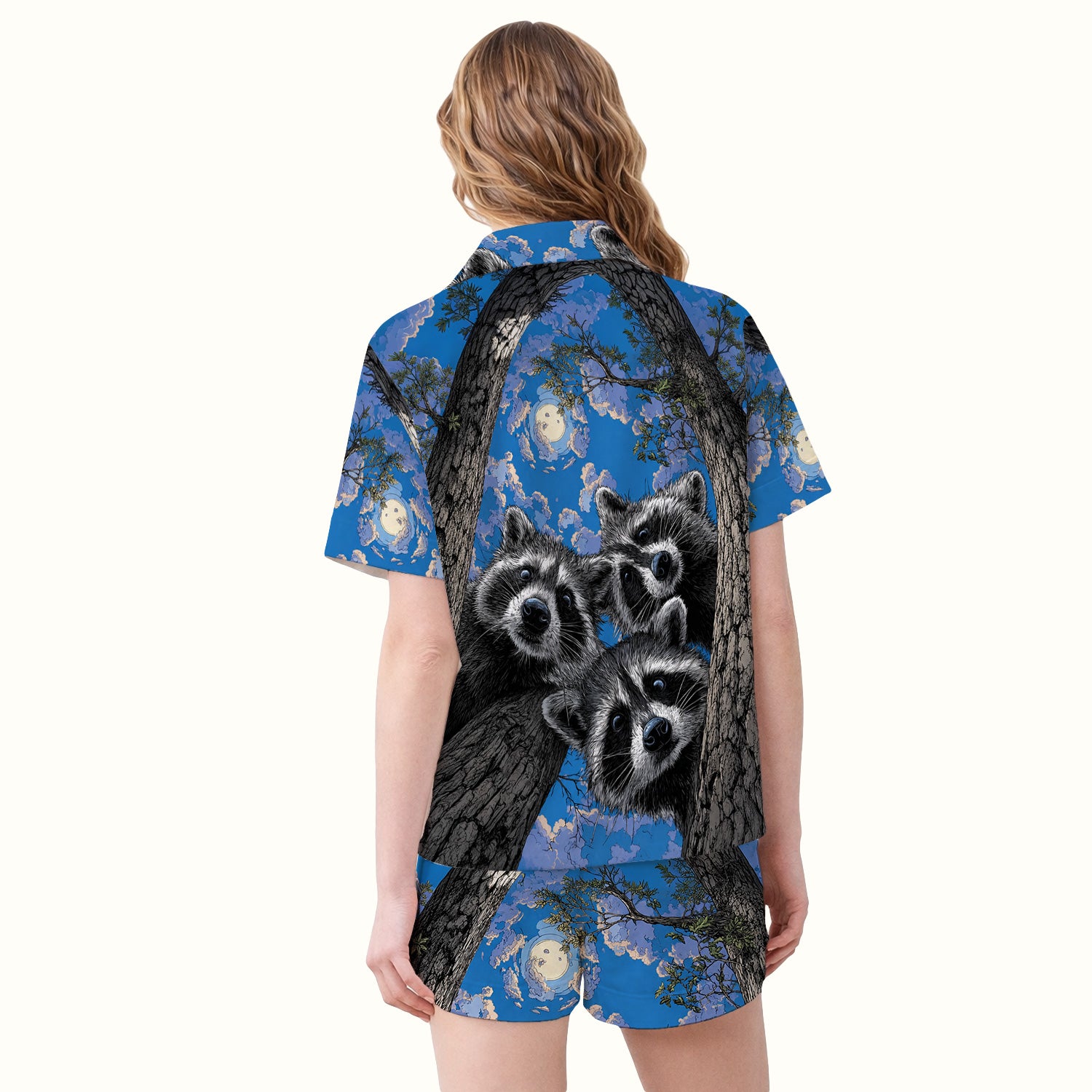 Cute Raccoon Tree Veterinary Pattern Pajama Set, Soft Breathable Fabric Comfortable Sleepwear
