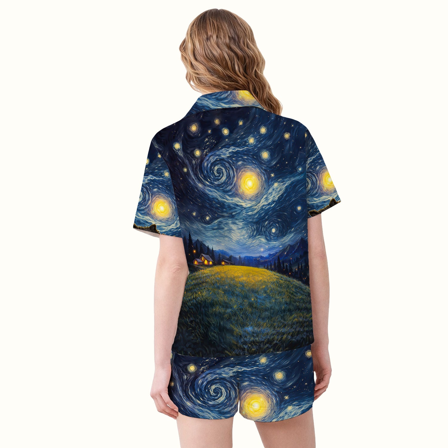 Starry Night Cat Art Print Pajama Set, Breathable Fabrics Uniform