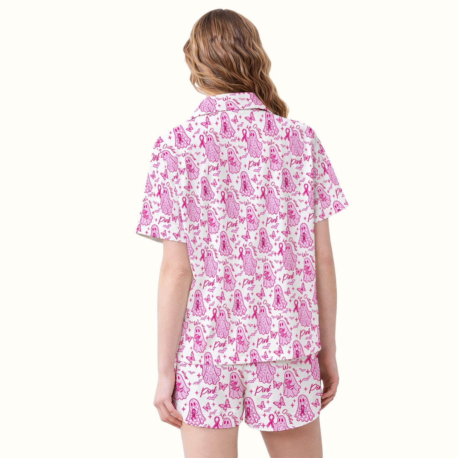 Pink Ribbon Ghost Pajama Set, Soft Breathable Fabric Comfortable Sleepwear