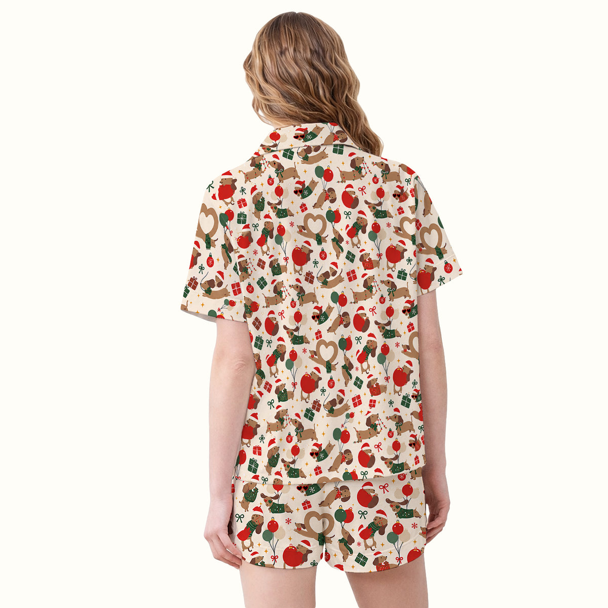 Cute Christmas Dachshund Pattern Pajama Set, Soft Breathable Fabric Comfortable Sleepwear