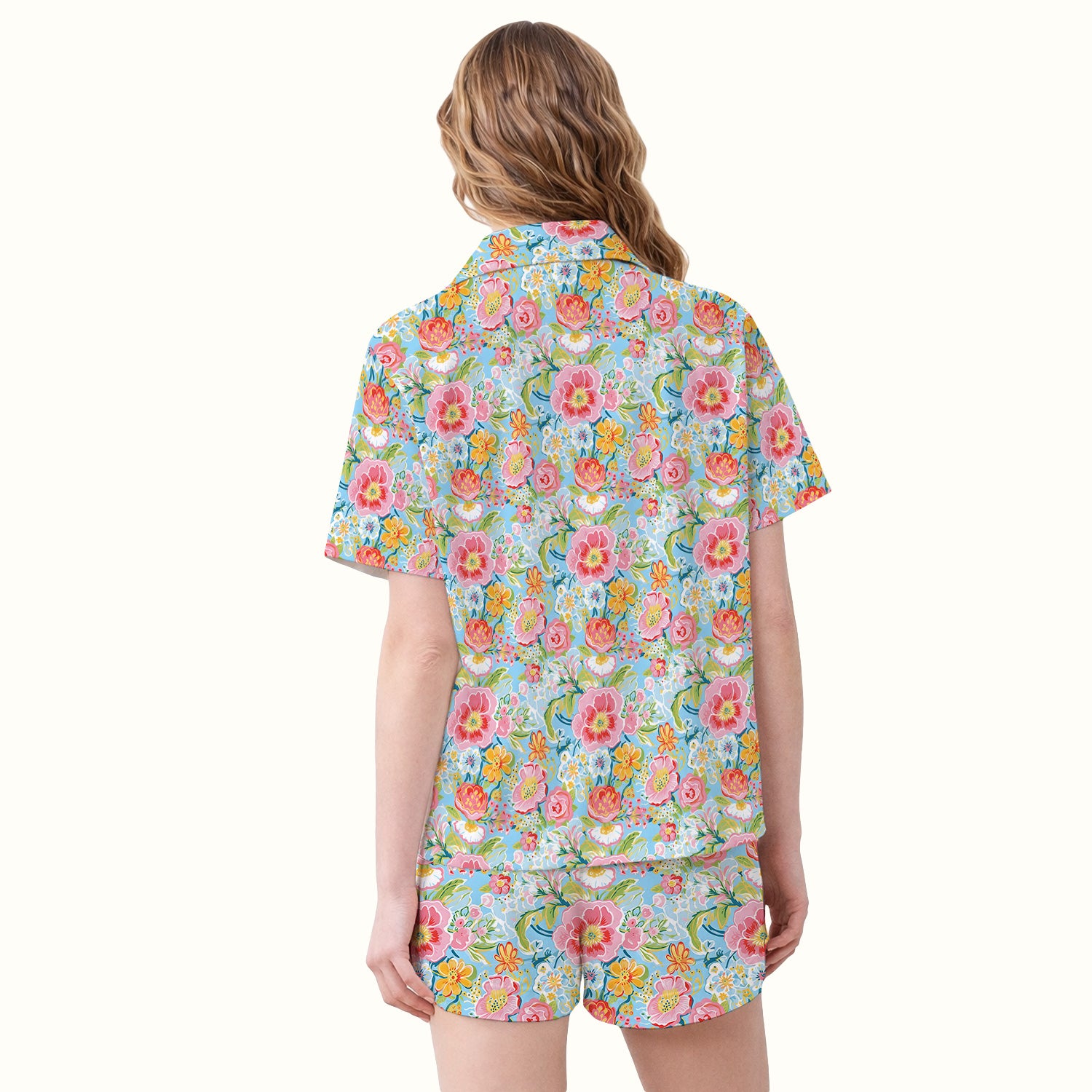 Pastel Tropical Floral Garden Pattern Pajama Set, Soft Breathable Fabric Comfortable Sleepwear