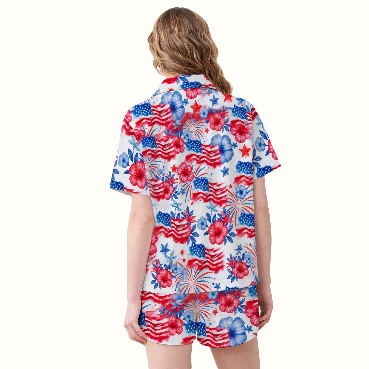 Patriotic American Flag Floral Pattern Pajama Set, Soft Breathable Fabric Comfortable Sleepwear