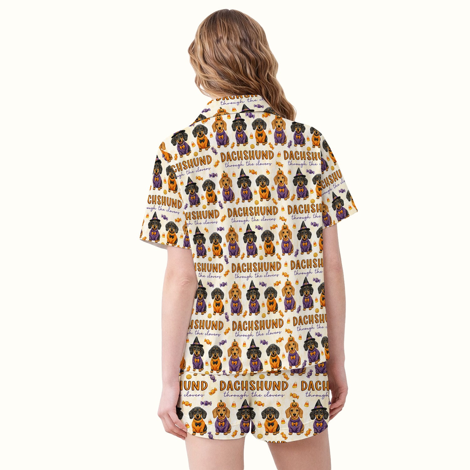 Candy Dachshund Pattern Pajama Set, Soft Breathable Fabric Comfortable Sleepwear