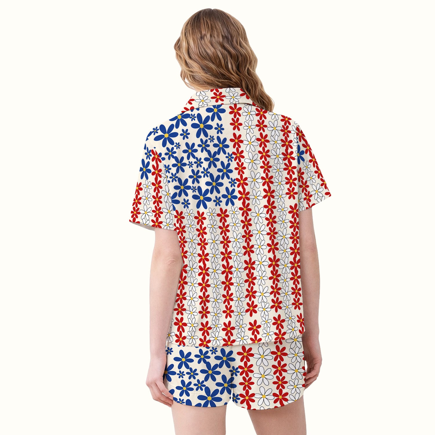 Retro Red Blue Daisy Stripe Pattern Pajama Set, Soft Breathable Fabric Comfortable Sleepwear