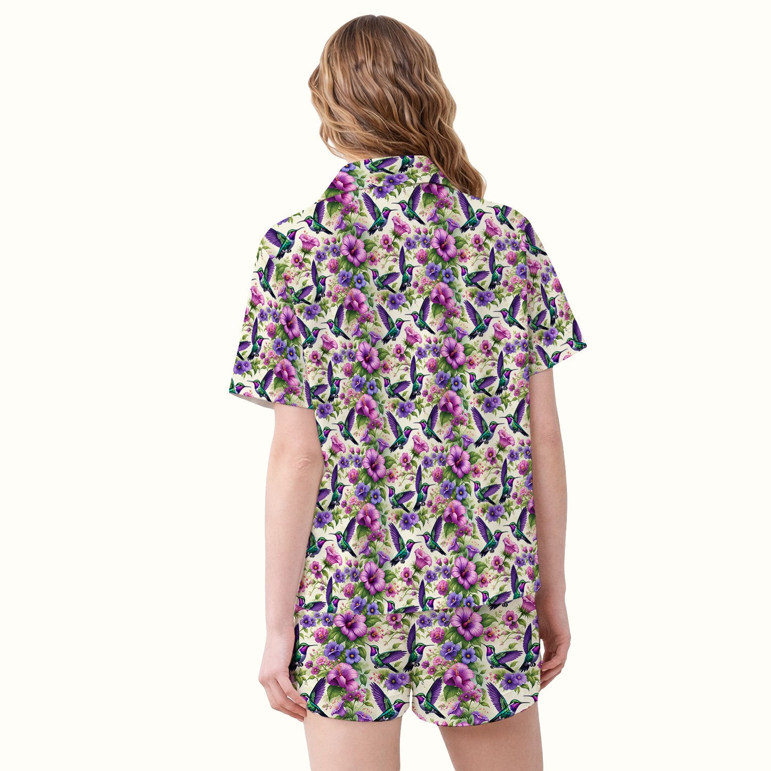 Purple Hummingbird Hibiscus Floral Pattern Pajama Set, Soft Breathable Fabric Comfortable Sleepwear